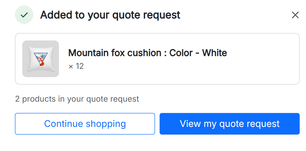 Notice on a PrestaShop product page after Add to quote: the product added, its quantity, how many products the quote request holds and the link to it