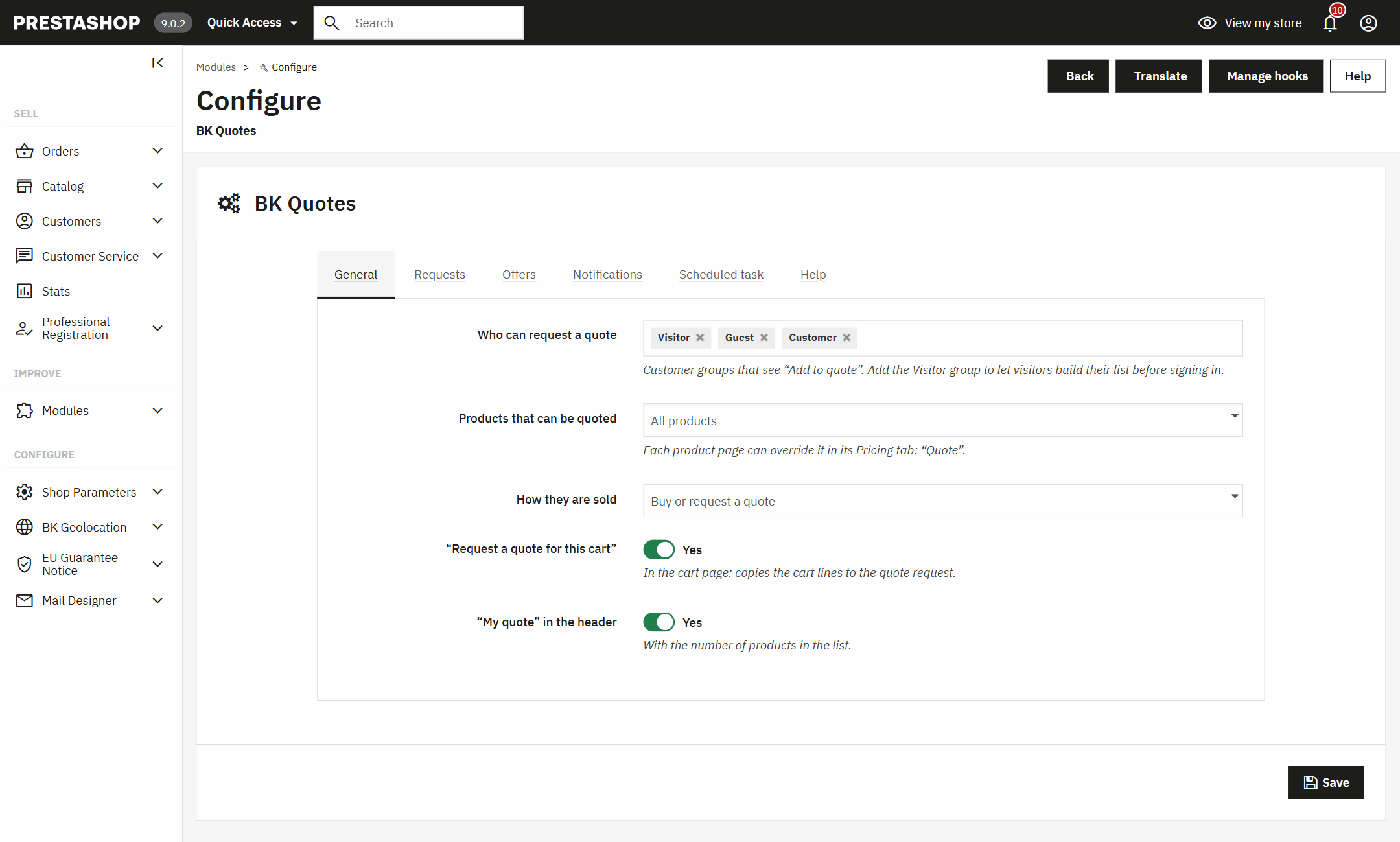 Quote module settings in the PrestaShop back office: customer groups, quotable products and sales mode