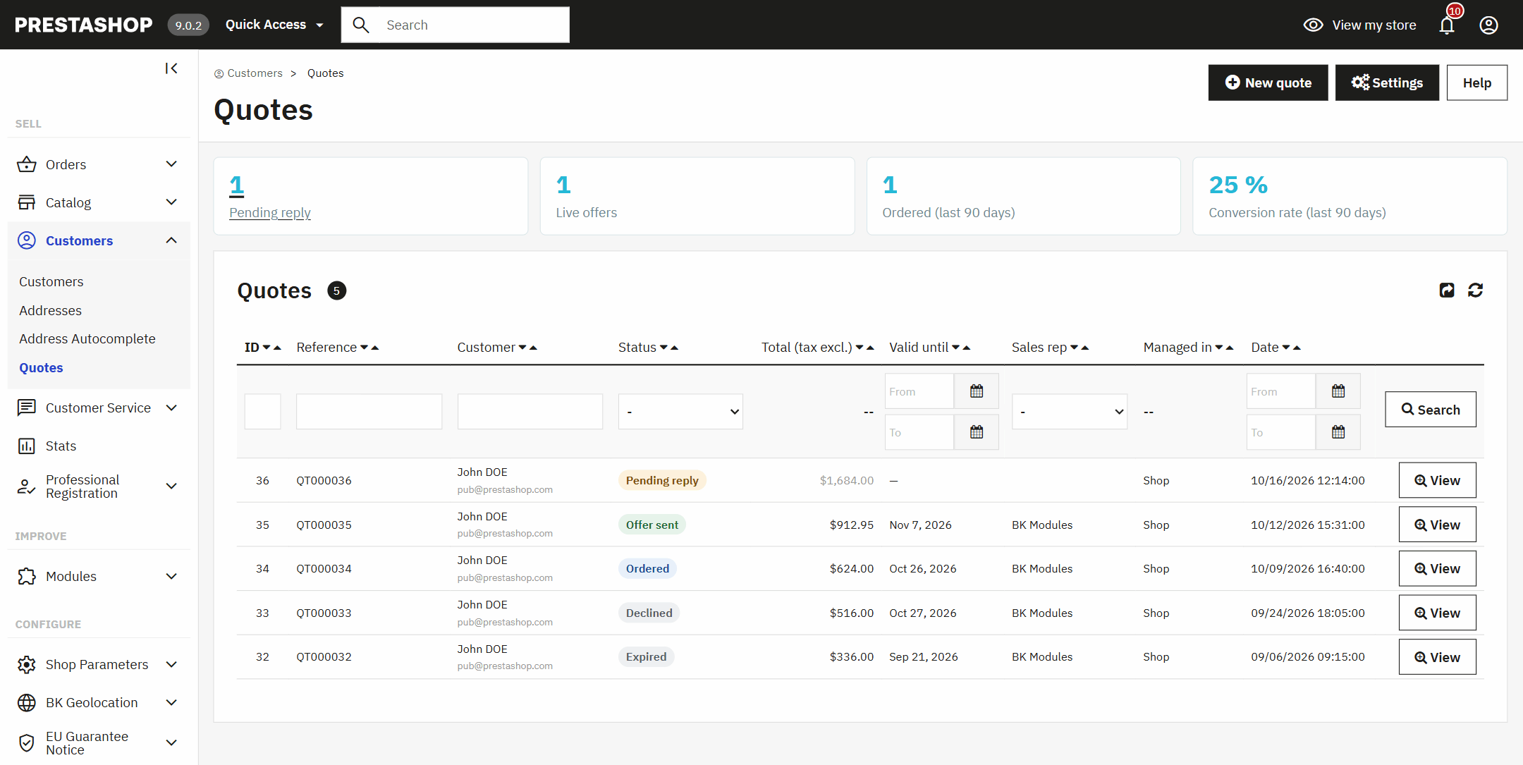 Quote list in the PrestaShop back office with pending replies, live offers, conversion rate and where each quote is managed: the shop or Odoo