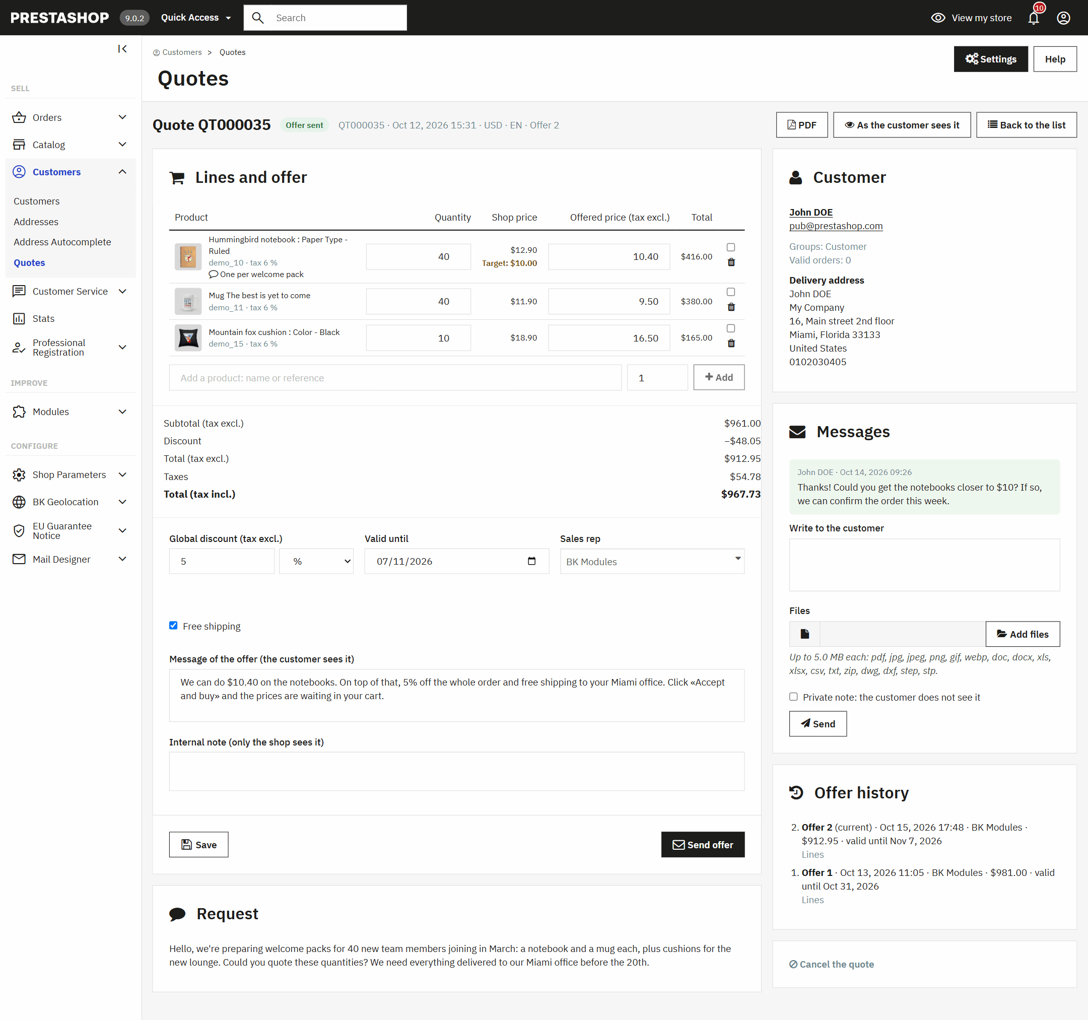 Quote page in the PrestaShop back office: lines with shop price, target price and offered price, discount, validity and offer history