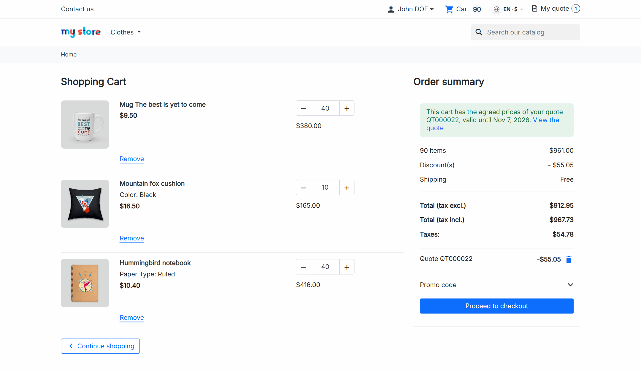 PrestaShop cart with the agreed prices of a quote, its discount and its validity