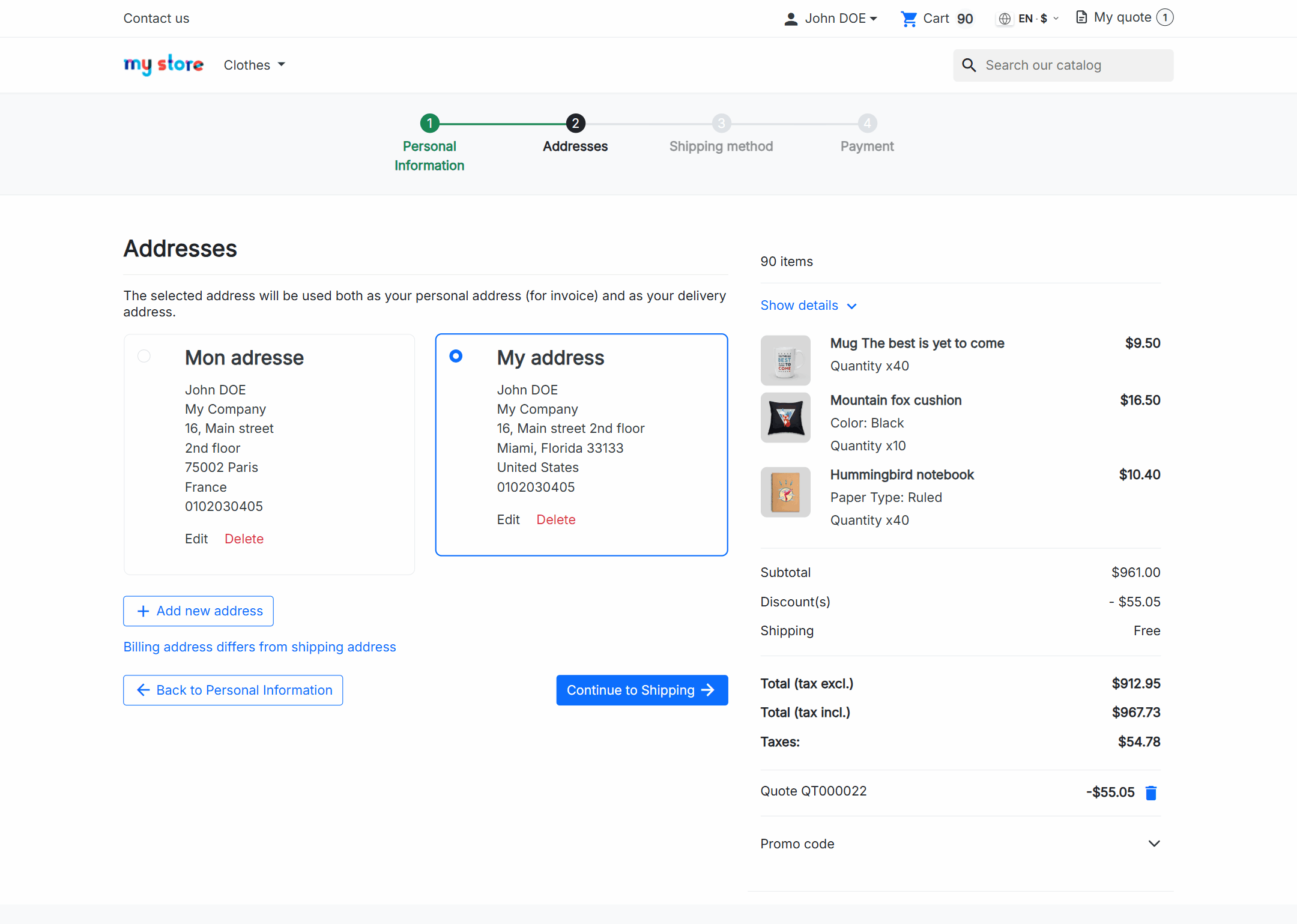 PrestaShop checkout with the agreed prices of a quote and its discount applied