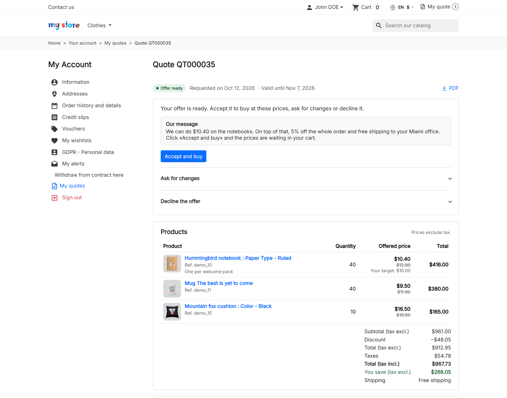 B2B quote offer in the customer account of a PrestaShop shop: agreed prices per line, discount and an Accept and buy button