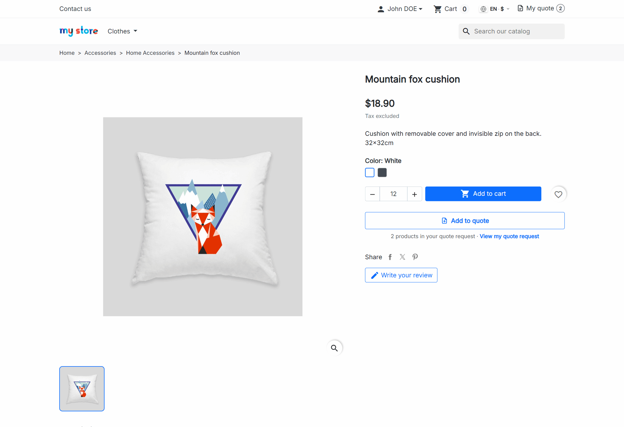 PrestaShop product page with the Add to quote button below the purchase block