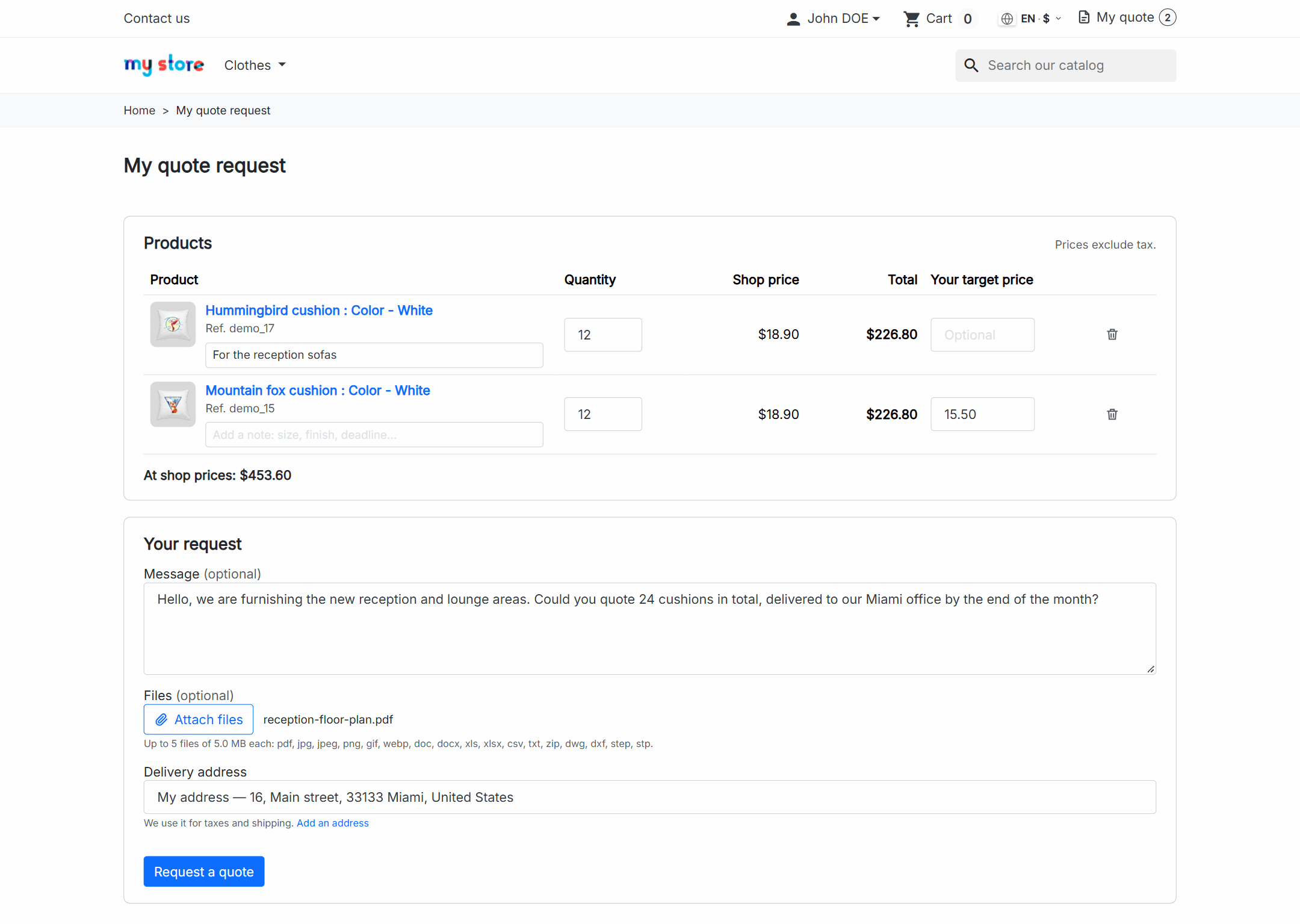 PrestaShop My quote request page with products, quantities, target price, message and files