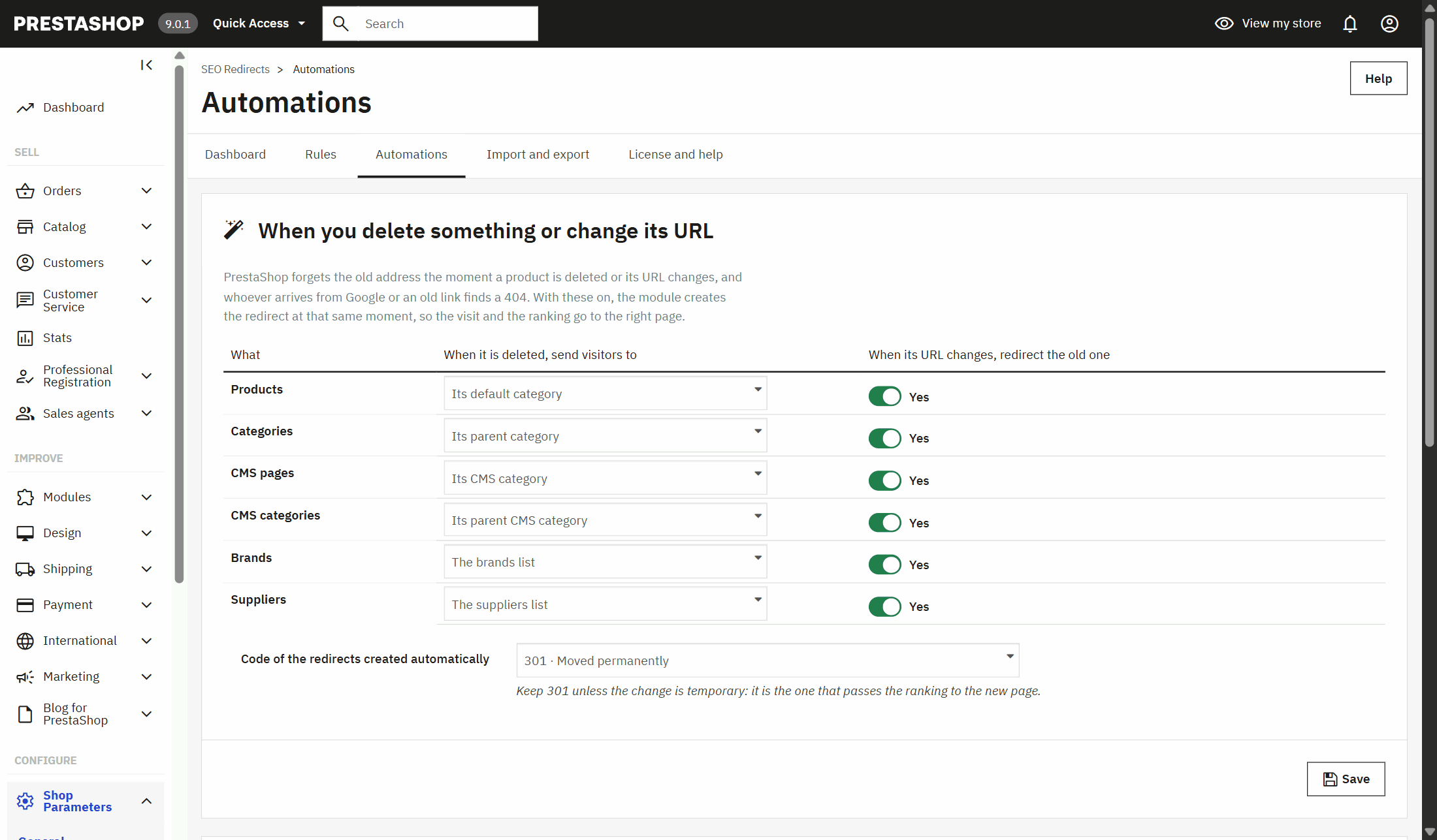 Automatic 301 redirects in PrestaShop when you delete a product or change its URL, by type of content