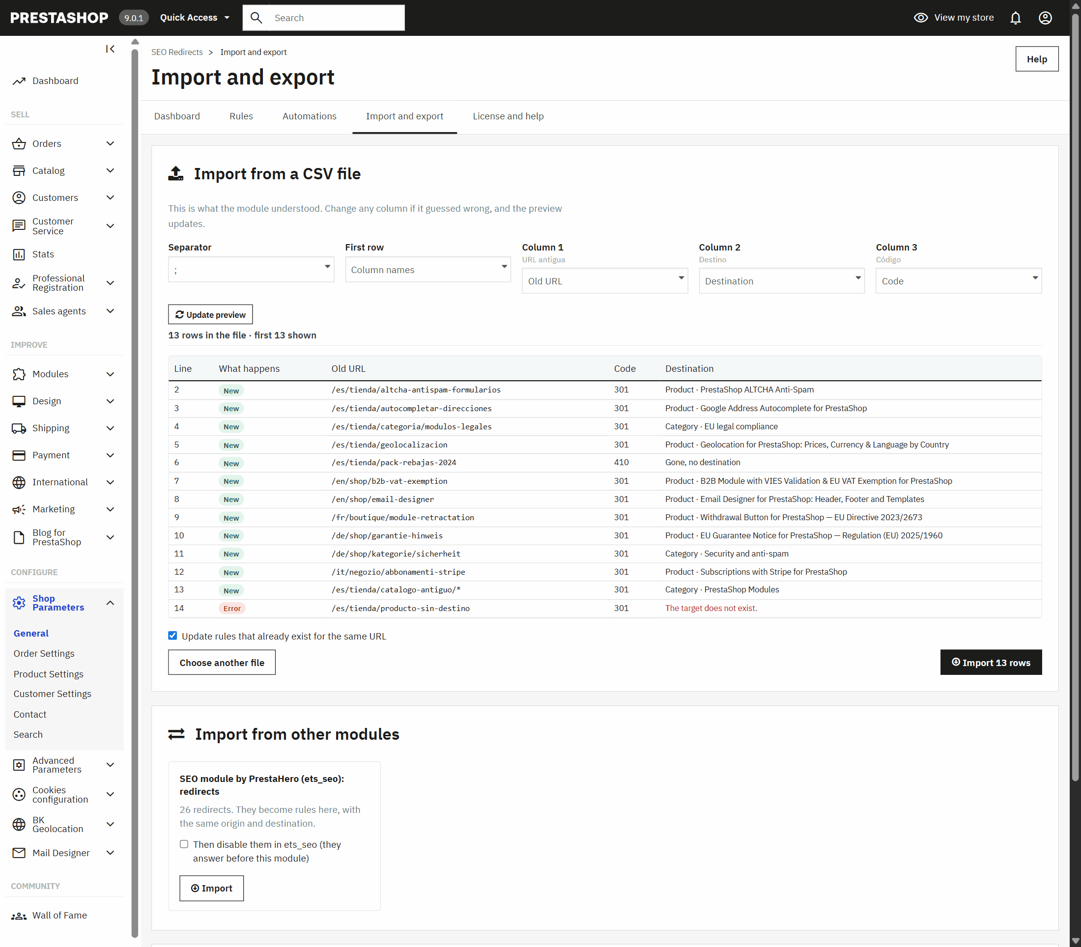 Importing 301 redirects from a CSV file in PrestaShop with a preview of every row before saving