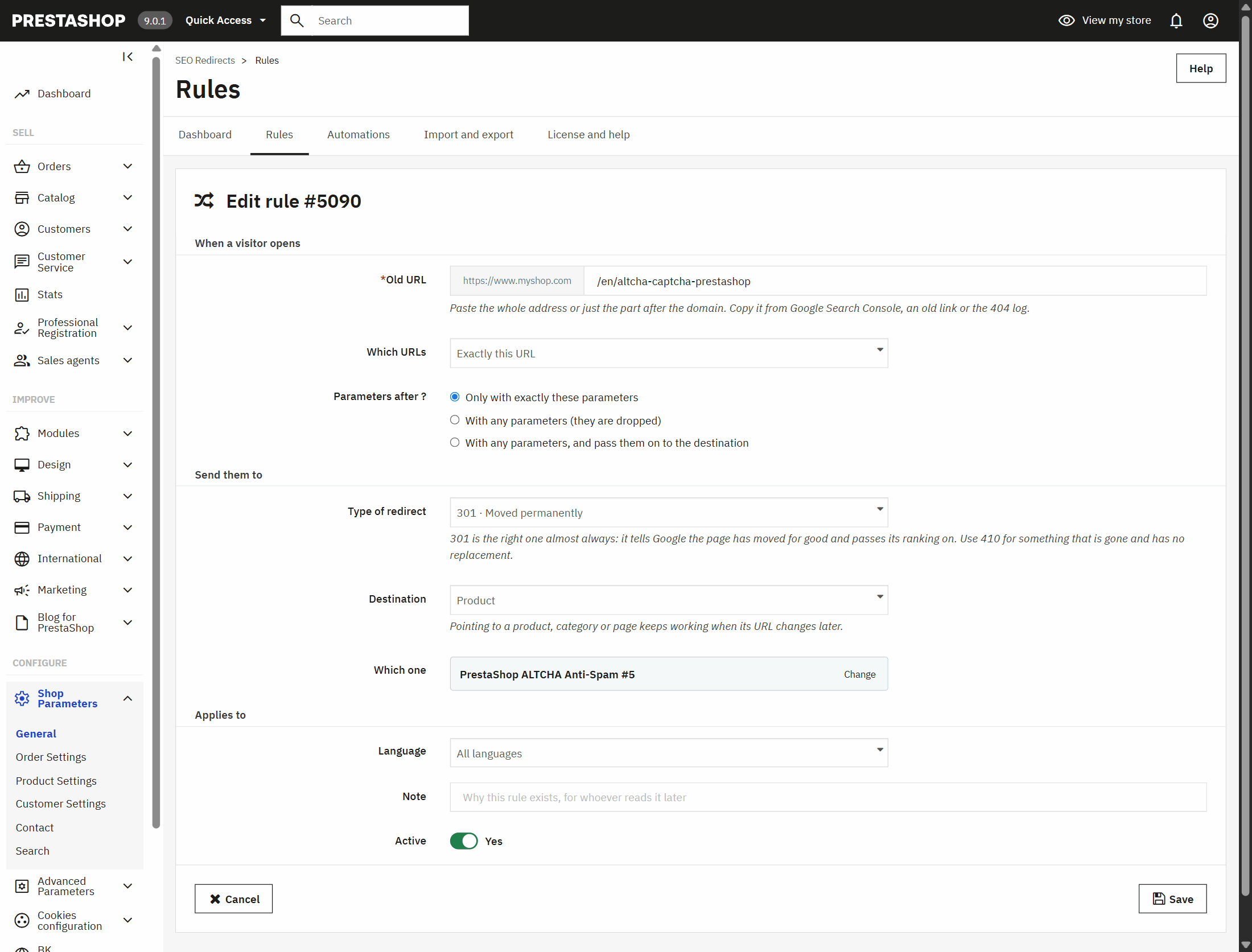 Creating a 301 redirect in PrestaShop that points to a product: the rule keeps working even if its URL changes
