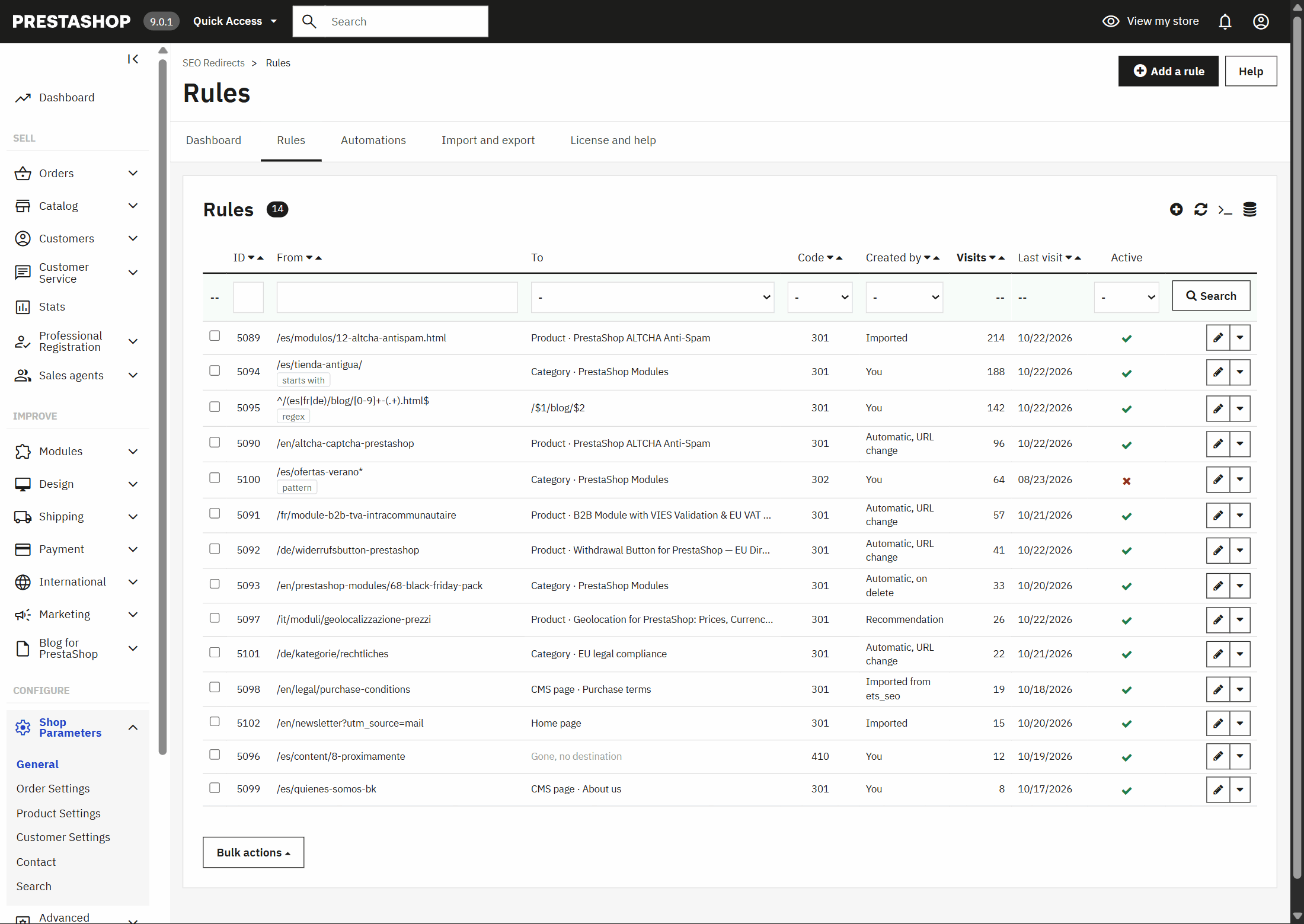 Redirect rules in PrestaShop with prefix, wildcard and regular expression, with their visits