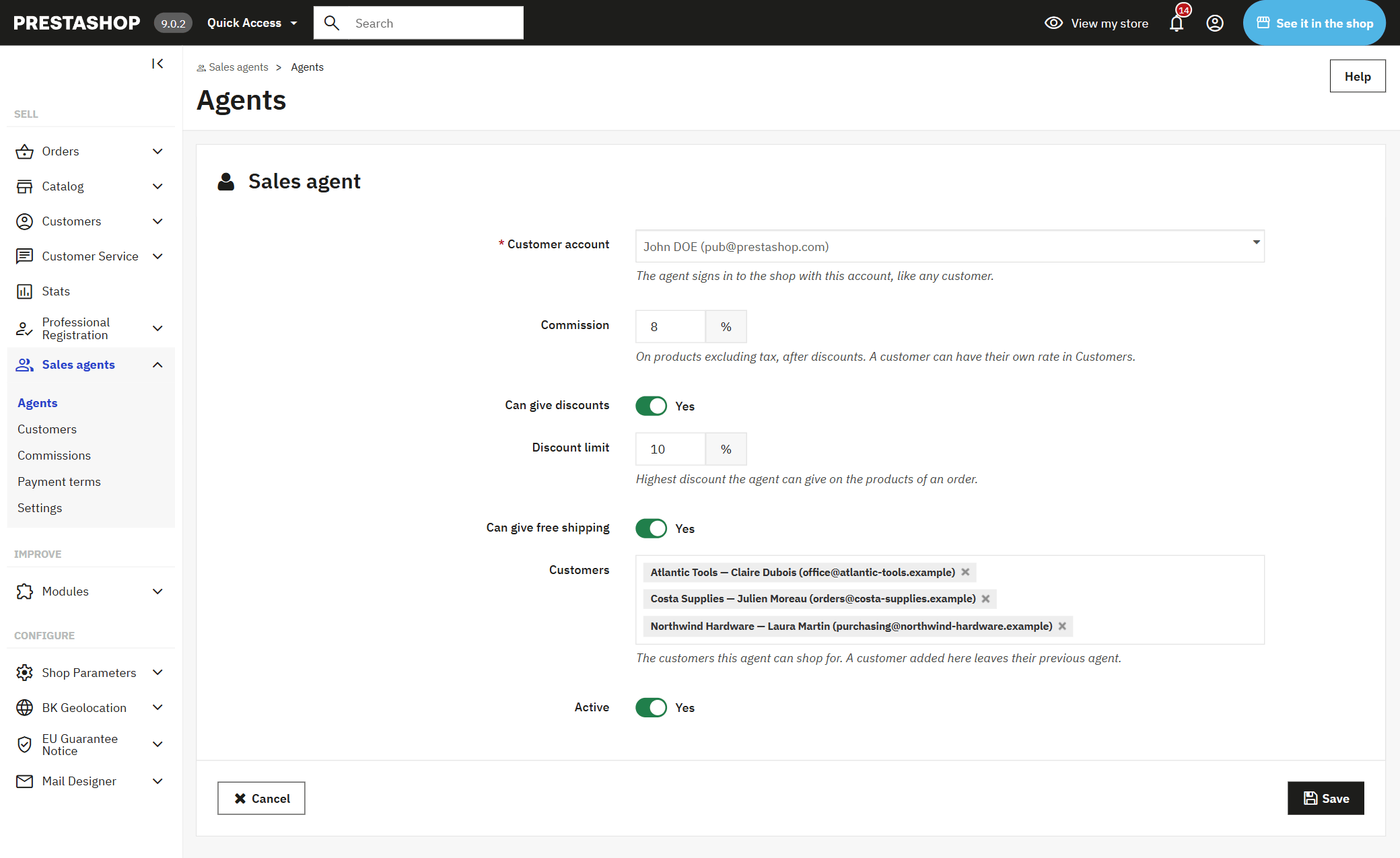 Sales agent profile in the PrestaShop back office: commission, discount cap, free shipping and assigned customers