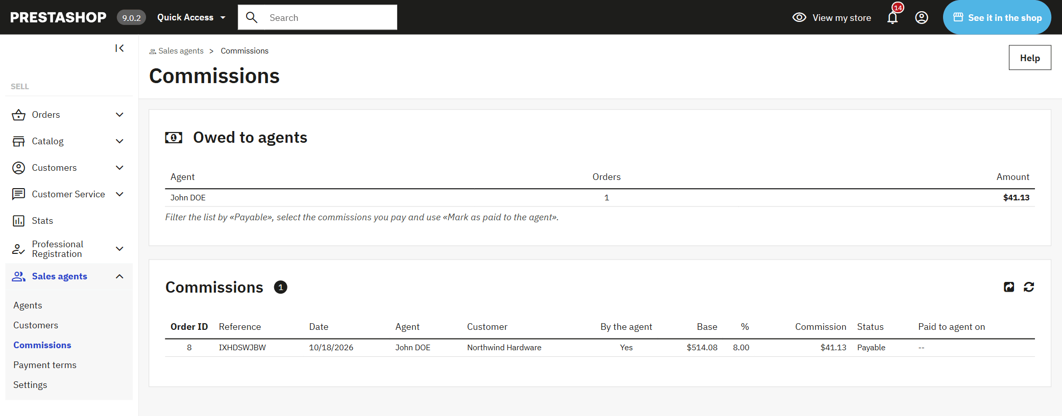 Sales agent commissions in the PrestaShop back office: what is still owed to each sales agent and the breakdown per order