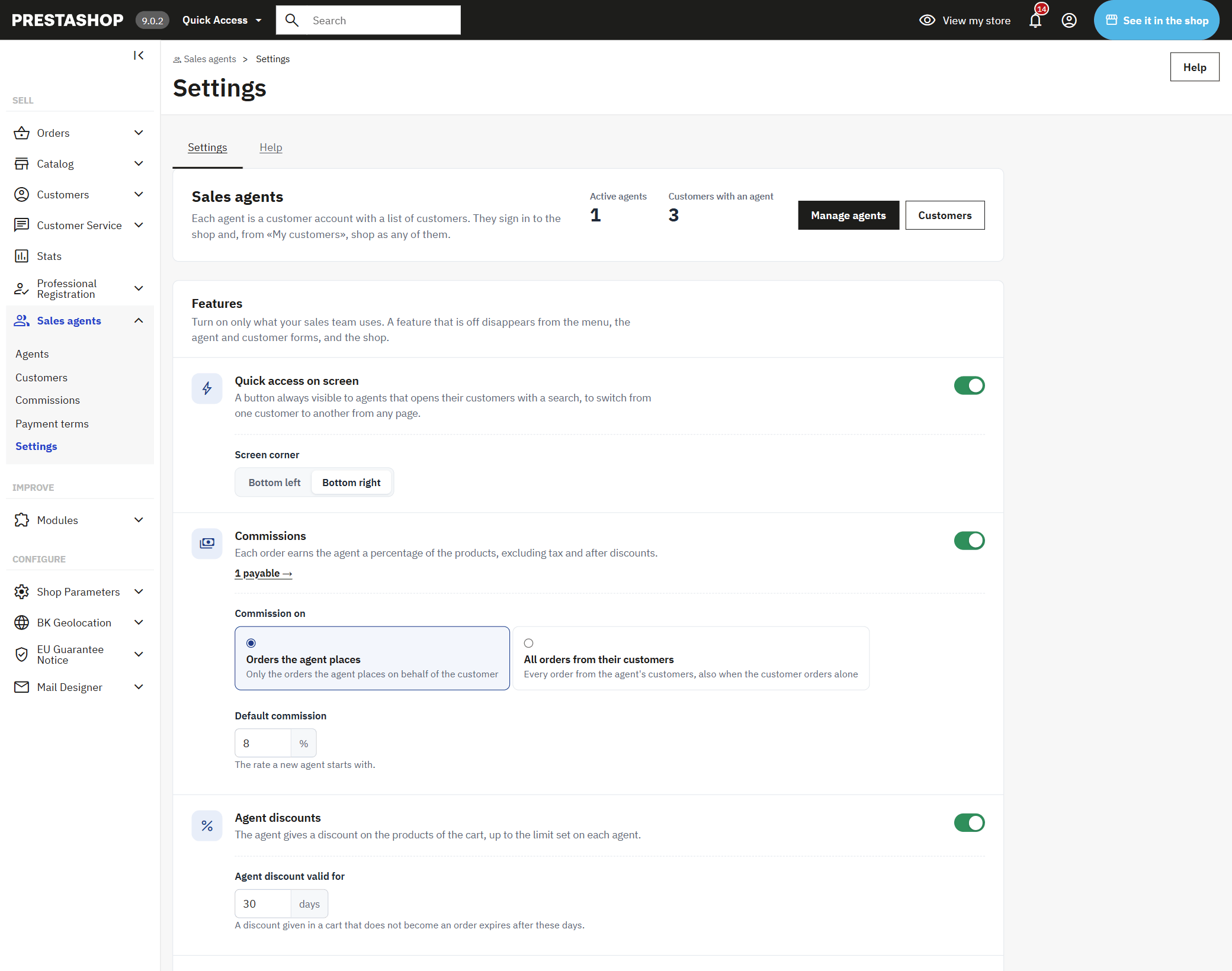 Sales agents module settings in PrestaShop: each feature with its own switch