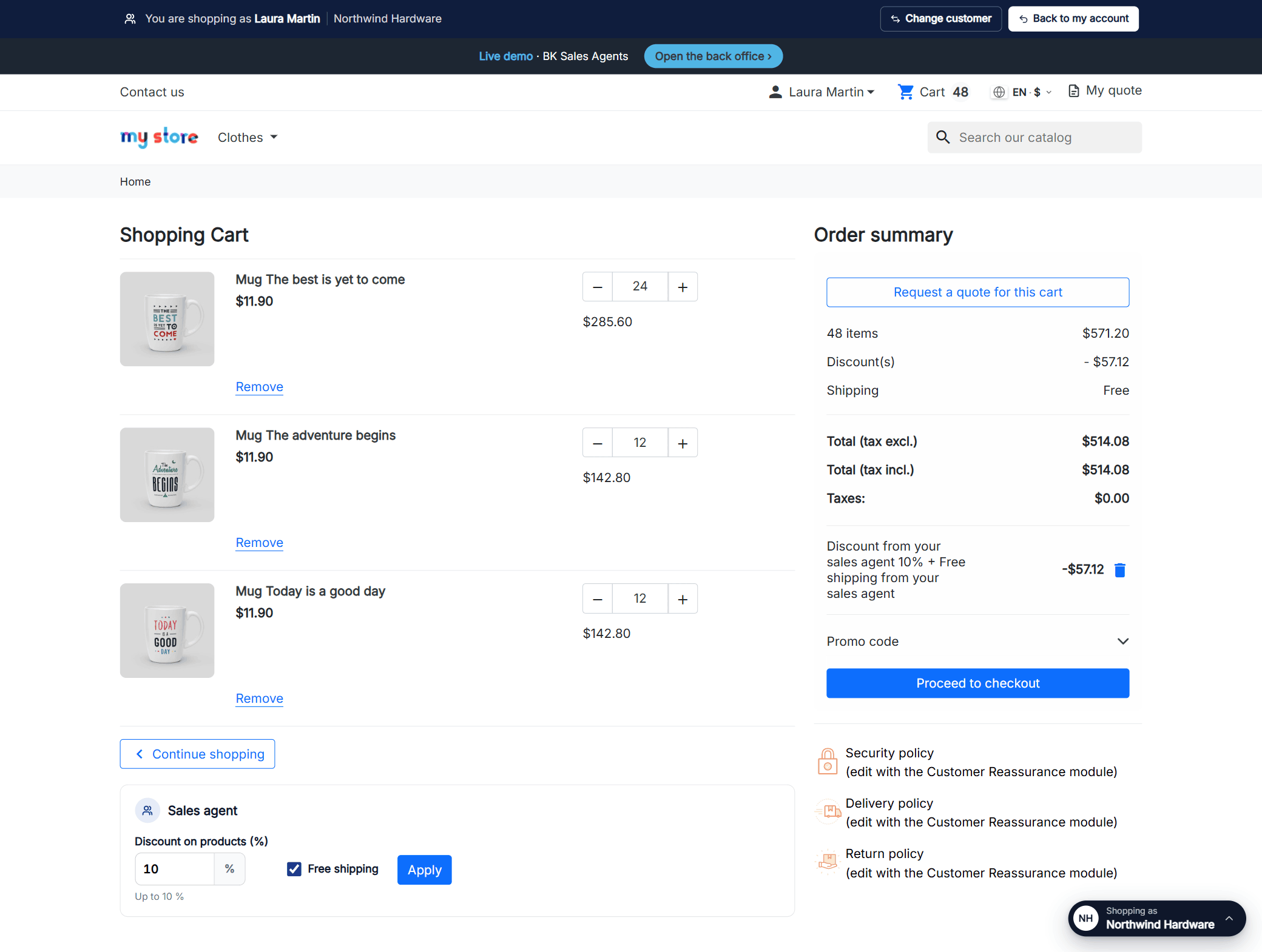 PrestaShop cart with the sales agent panel: a 10% discount and free shipping applied to the customer’s order
