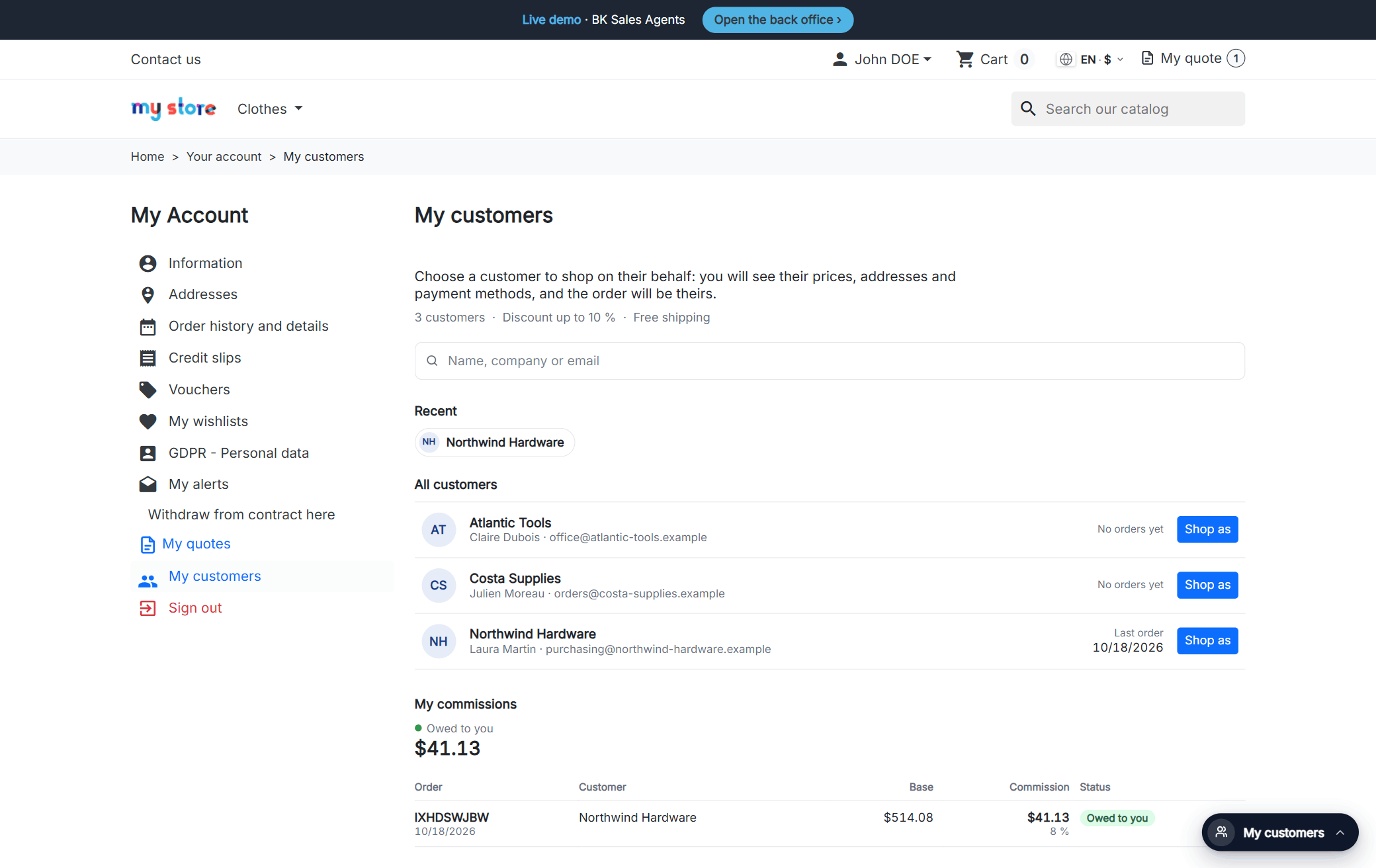 A sales agent’s My customers page in PrestaShop: their portfolio with a search box, recent customers, the Shop as button and their commissions