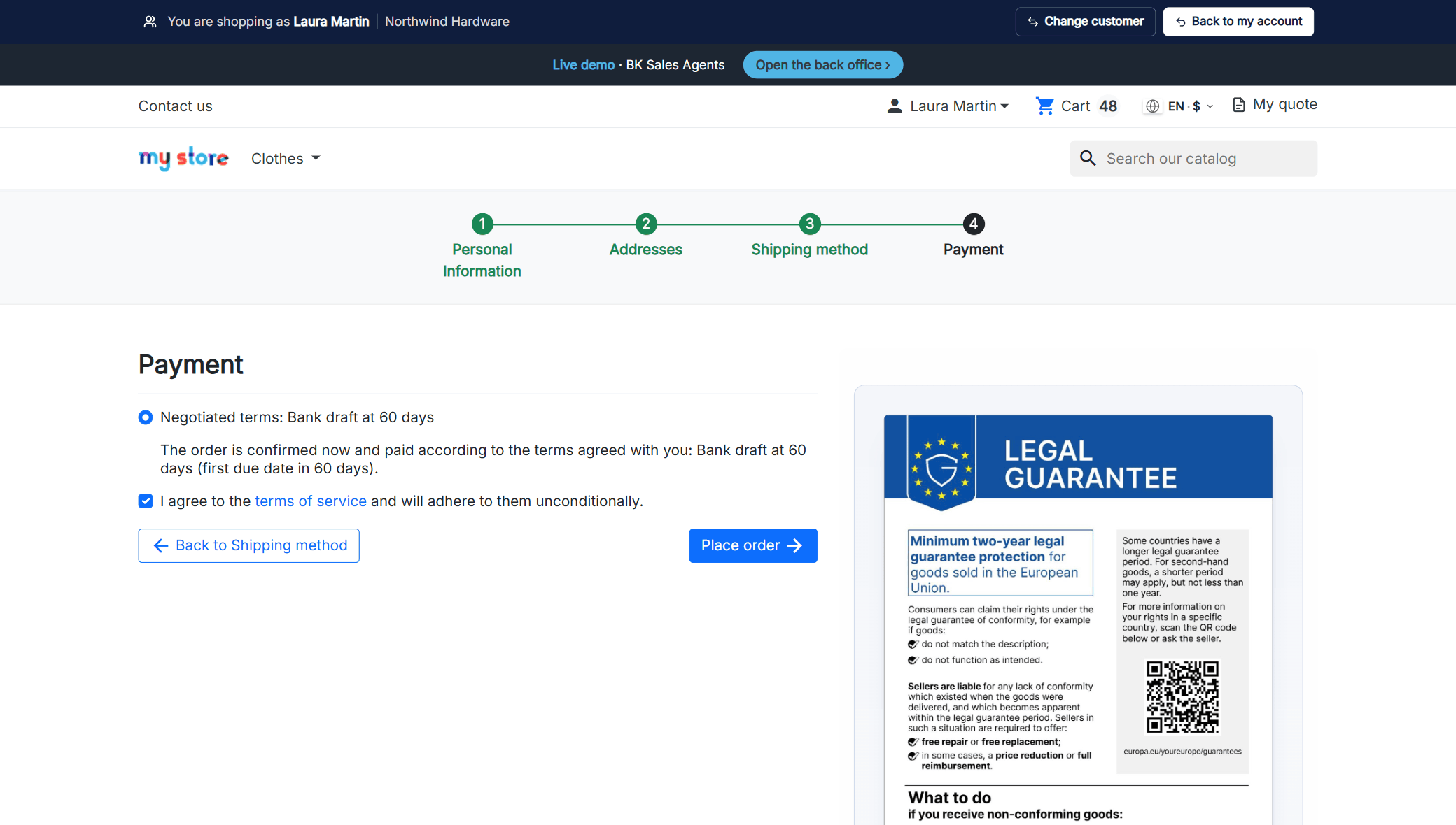 PrestaShop payment step with the Negotiated terms payment method: Bank draft at 60 days