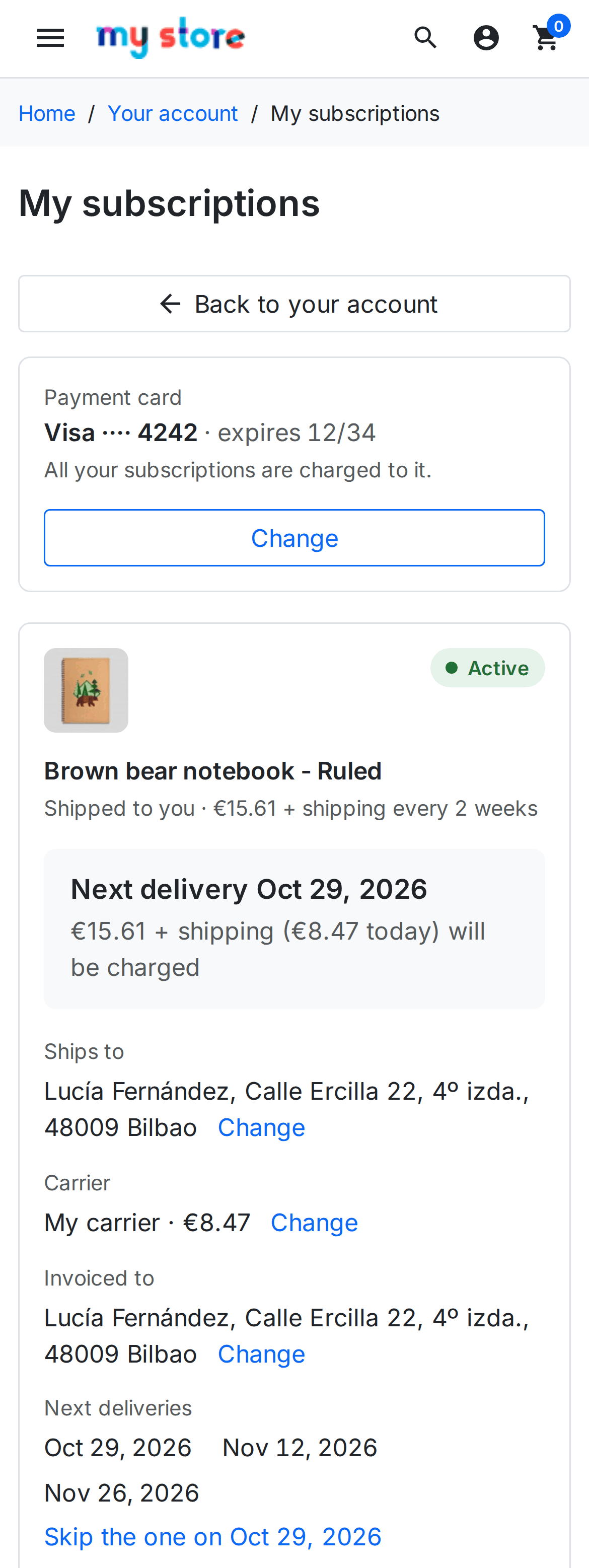 Mes abonnements PrestaShop sur mobile, avec la prochaine livraison et les actions du client