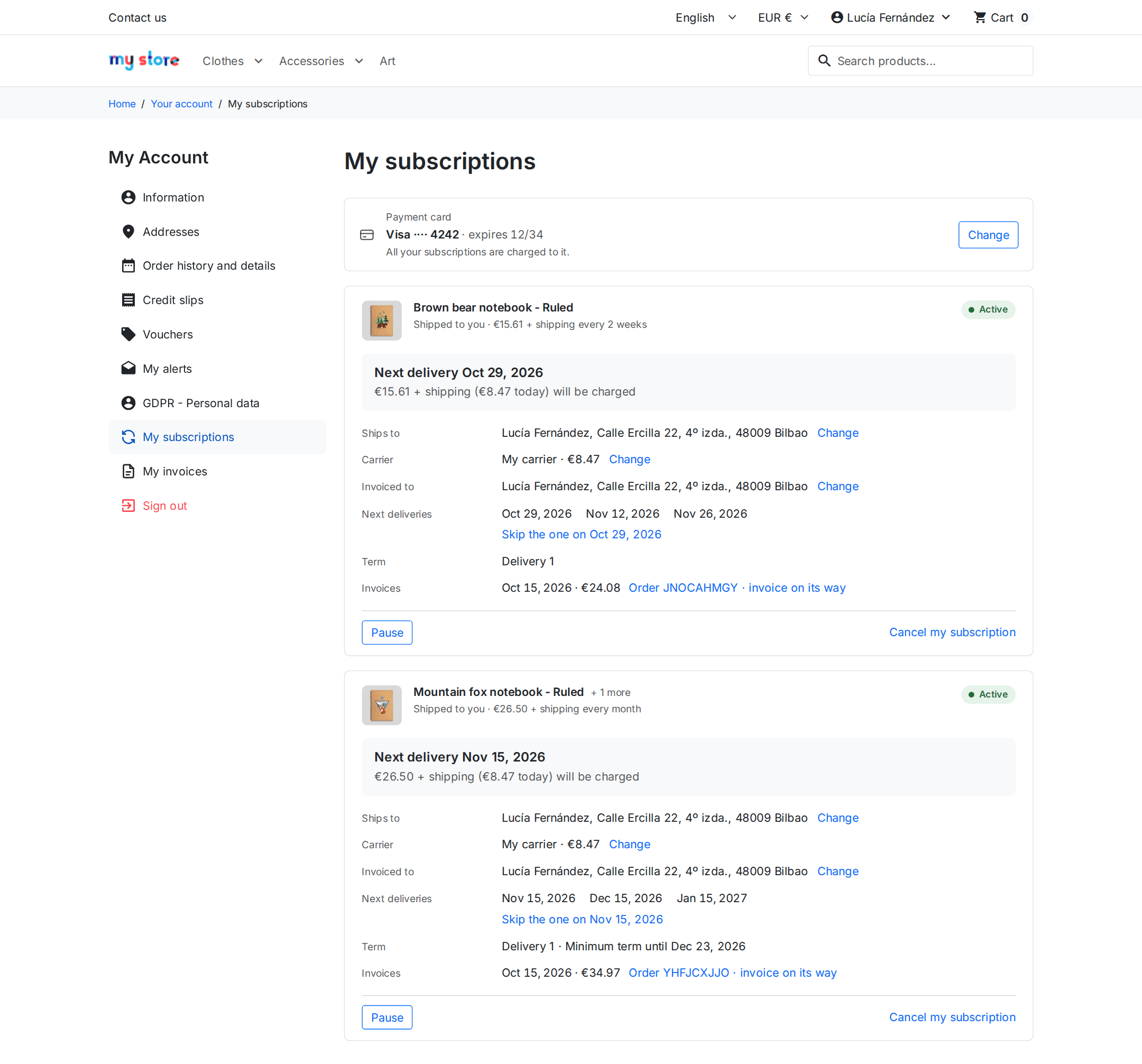 Page Mes abonnements d’une boutique PrestaShop avec le thème Hummingbird : prochaine livraison, carte de paiement, pause et résiliation