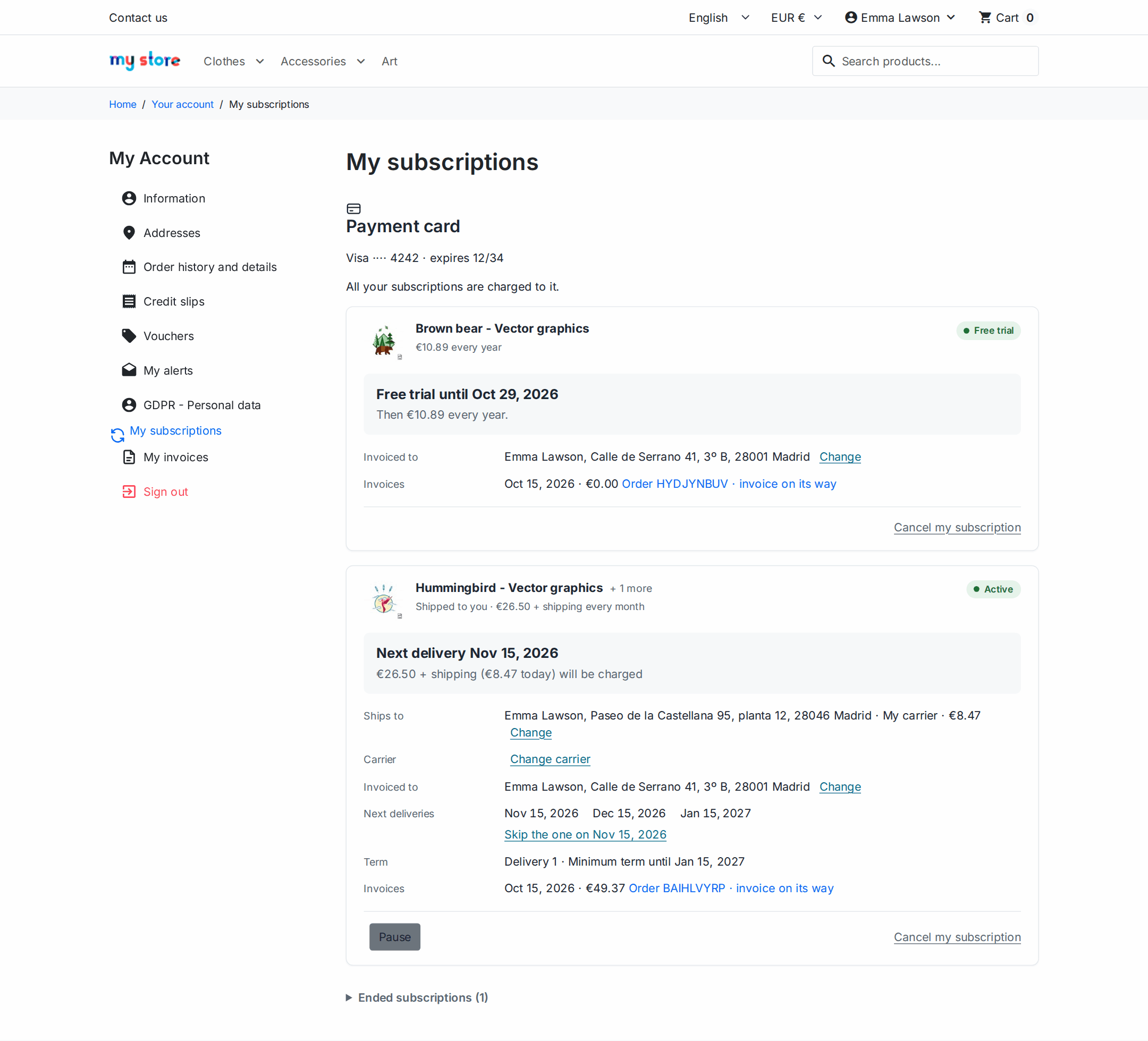Página Mis suscripciones de una tienda PrestaShop con el tema Hummingbird: próxima entrega, tarjeta de pago, pausa y baja