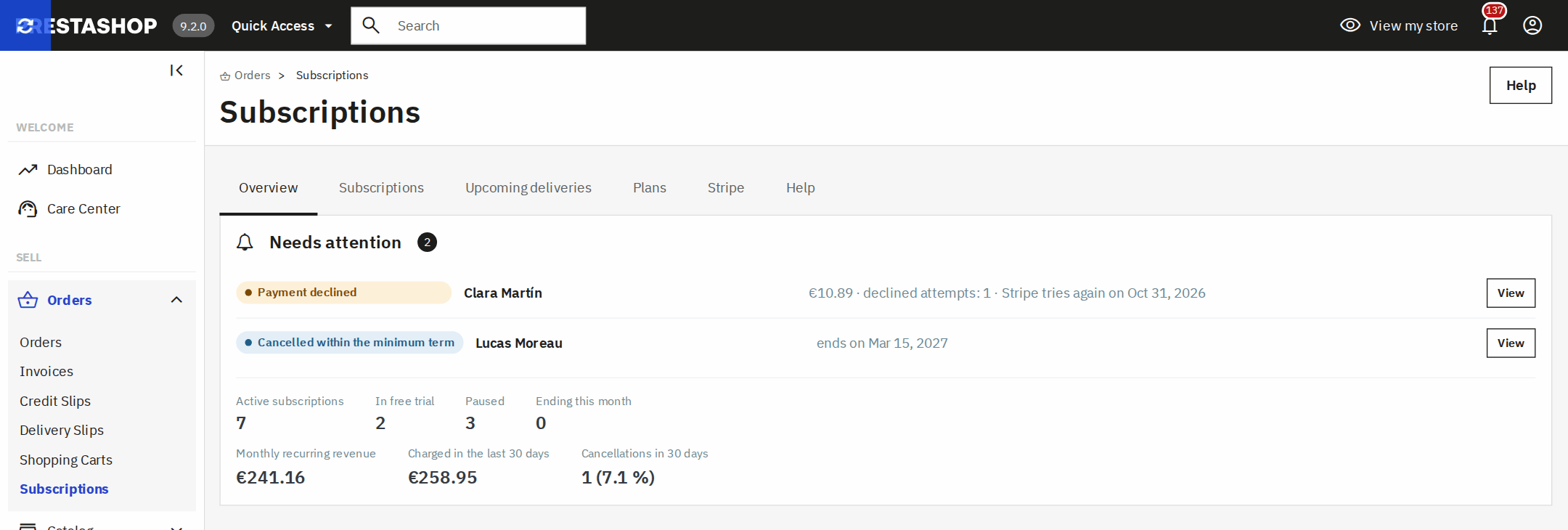Resumen de suscripciones en el back office de PrestaShop: lo que requiere atención, suscripciones activas, ingresos recurrentes mensuales y lo cobrado en los últimos 30 días