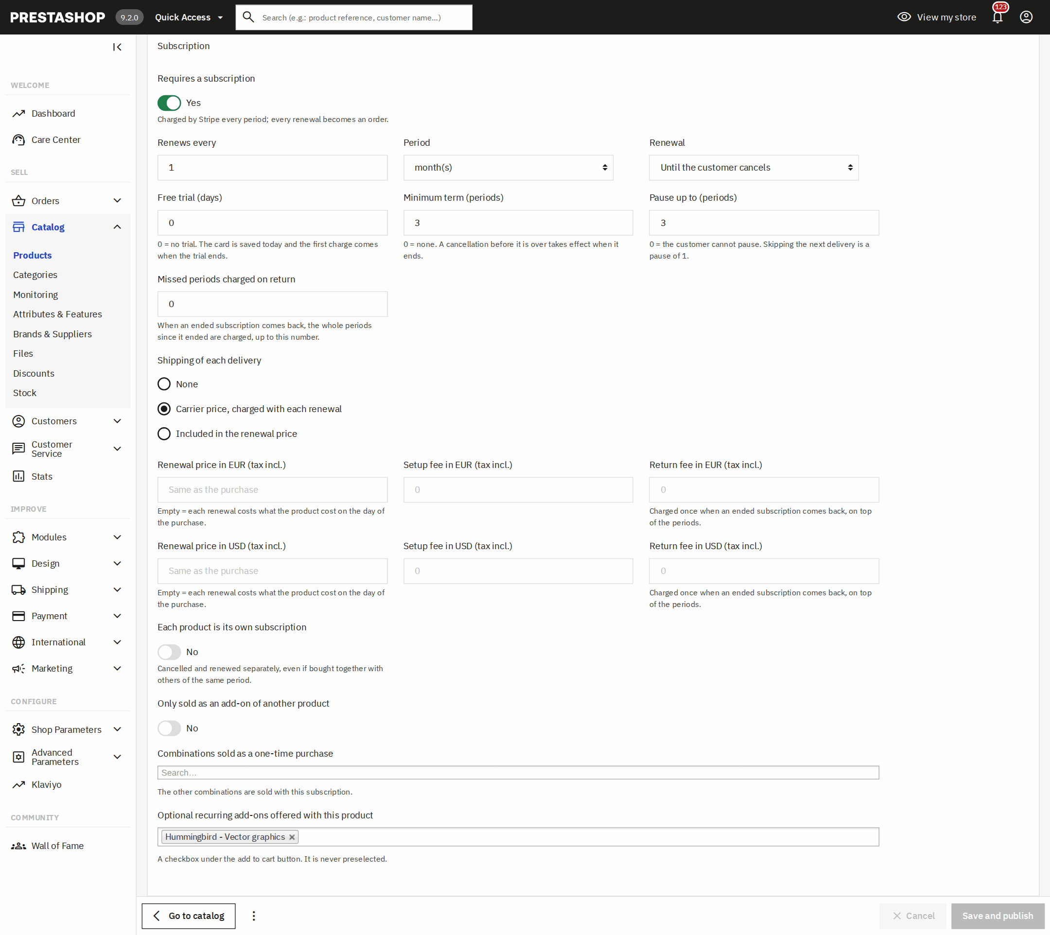 Bloque Requiere suscripción en la ficha de producto del back office de PrestaShop 9