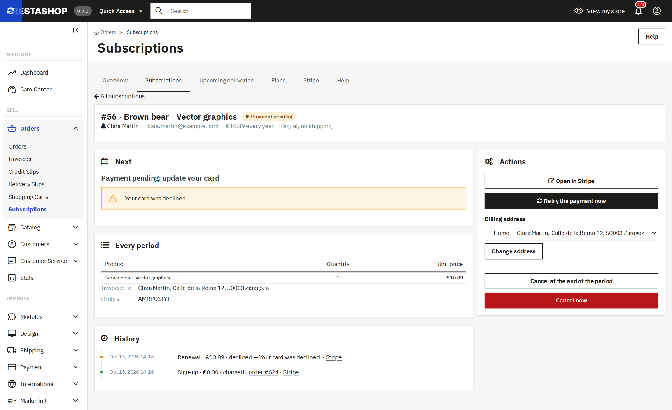Ficha de una suscripción en el back office de PrestaShop con su historia de cobros y sus acciones