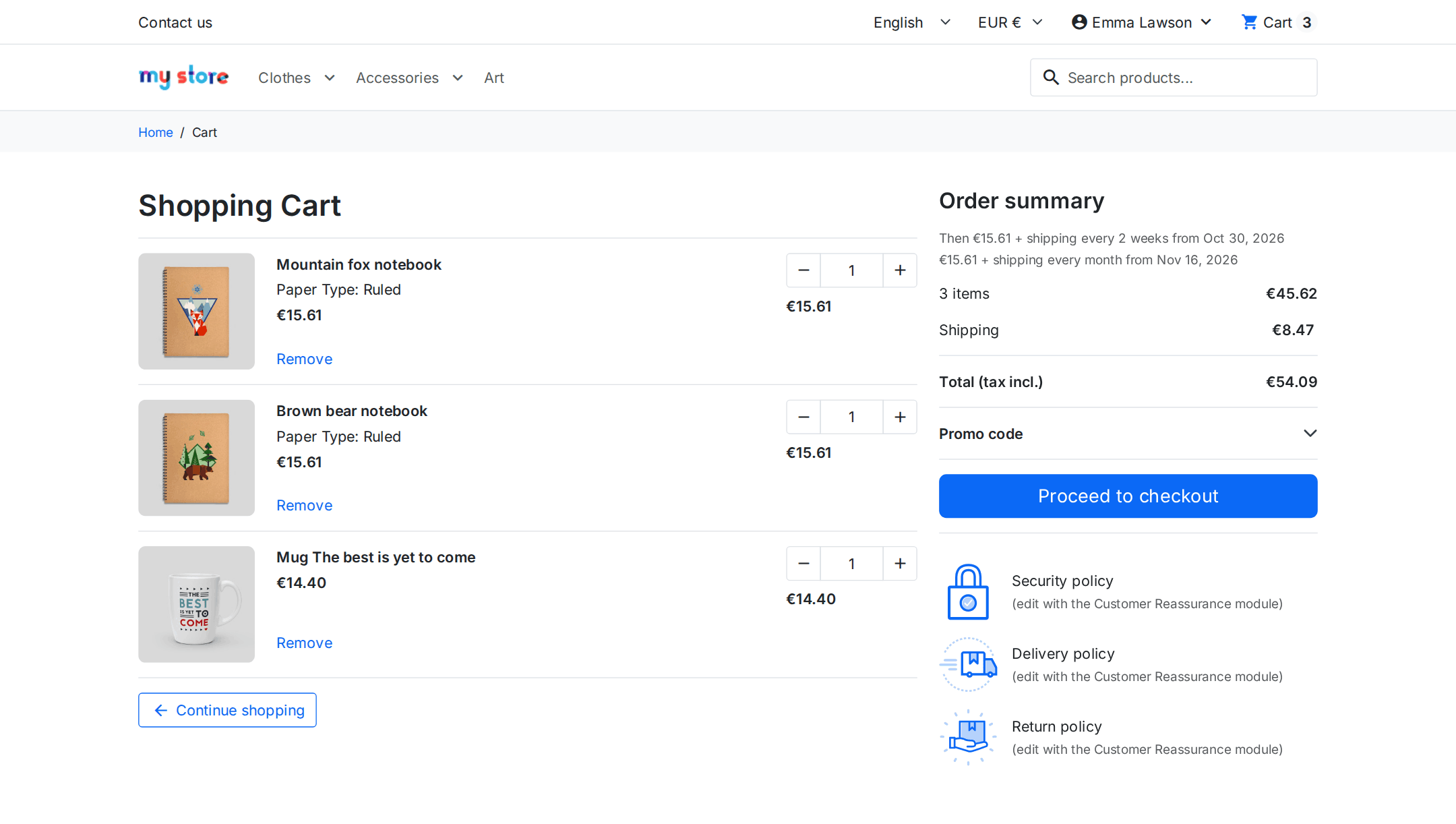 Panier PrestaShop avec un achat classique et un abonnement, avec ce qui est payé aujourd’hui et ce qui sera prélevé ensuite