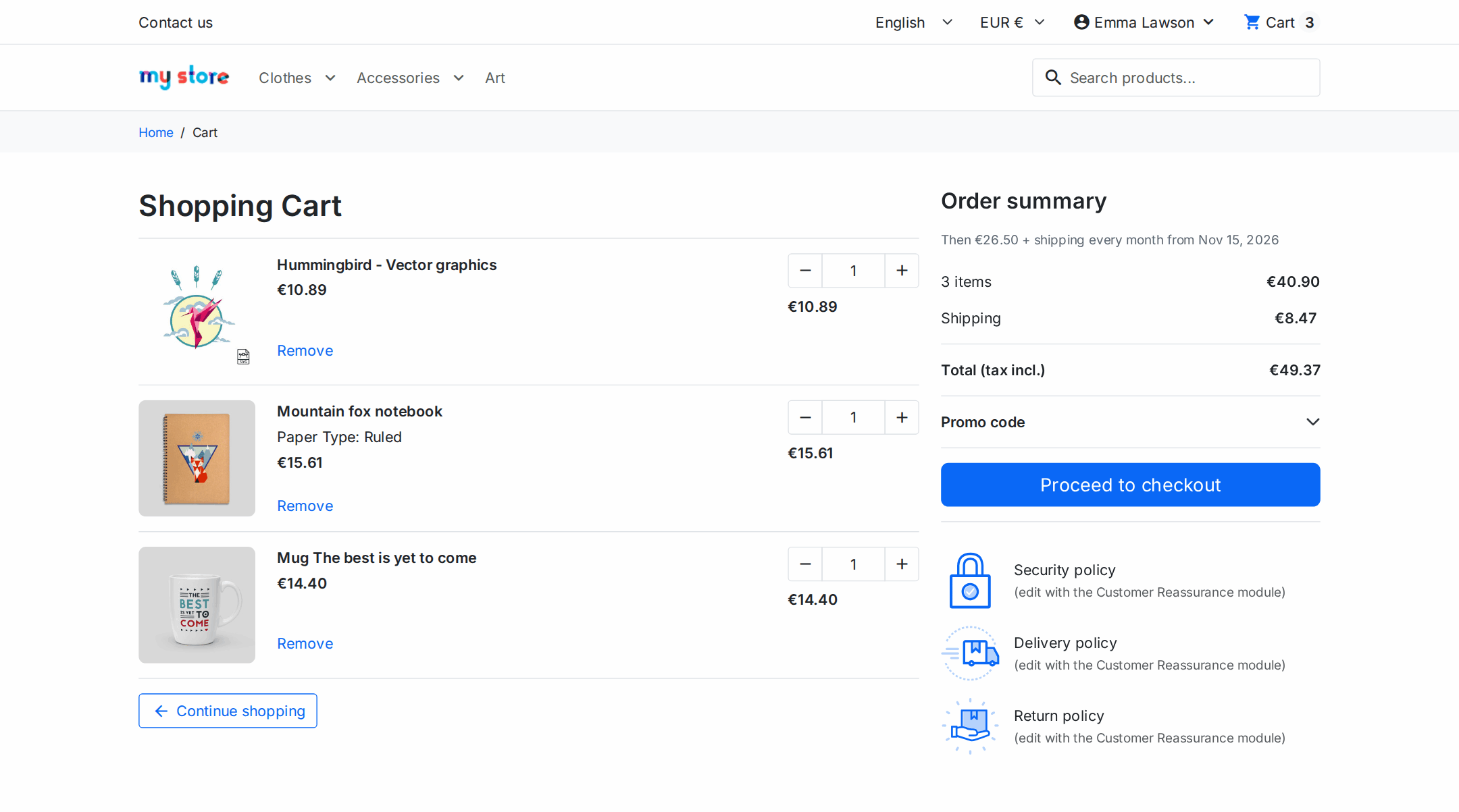 Carrito de PrestaShop con una compra normal y una suscripción, con lo que se paga hoy y lo que se cobrará después