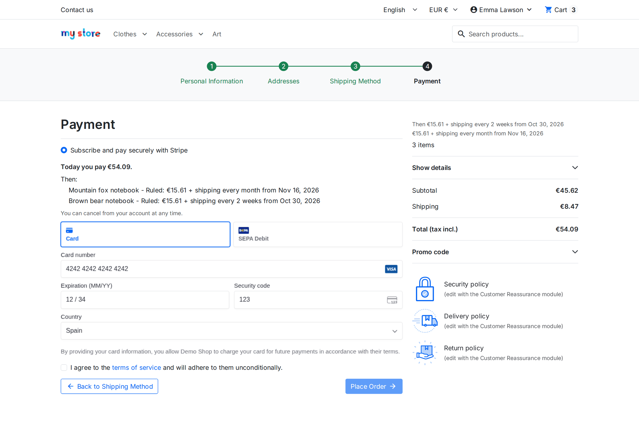 Étape de paiement du tunnel PrestaShop avec le formulaire Stripe intégré pour payer un abonnement