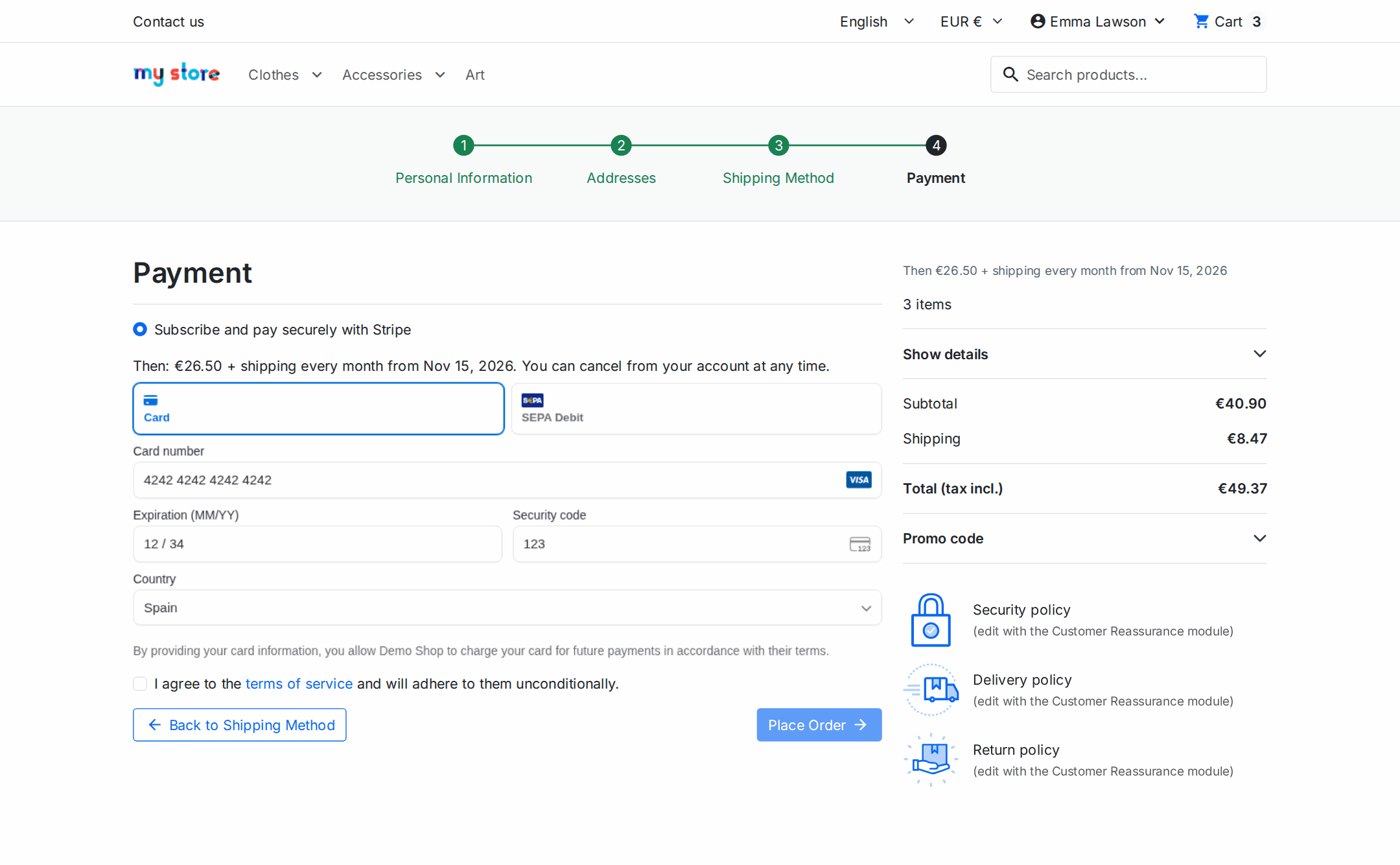 Paso de pago del checkout de PrestaShop con el formulario de Stripe integrado para pagar una suscripción