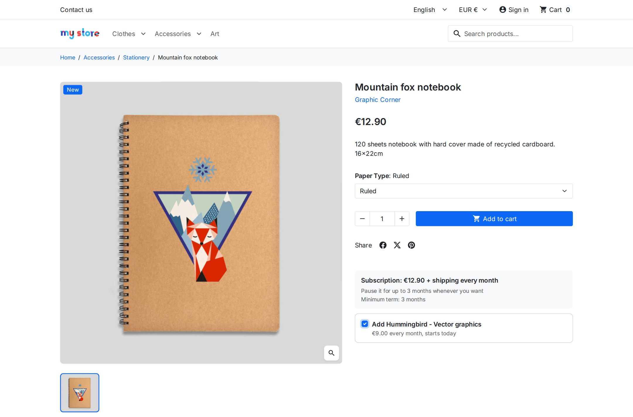 Fiche produit PrestaShop avec un abonnement mensuel et un complément récurrent à cocher