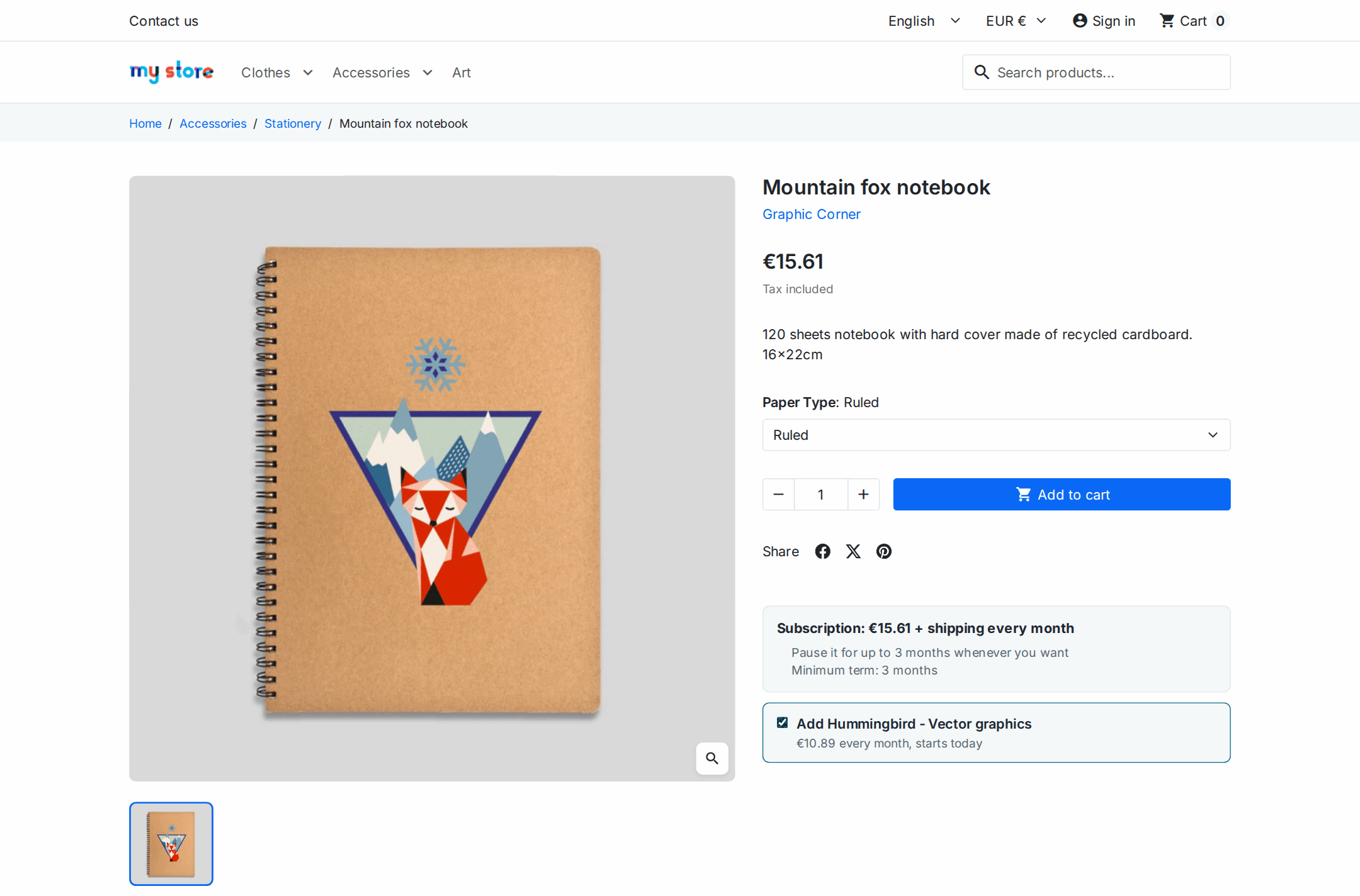Ficha de producto de PrestaShop con suscripción mensual y un complemento recurrente para añadir