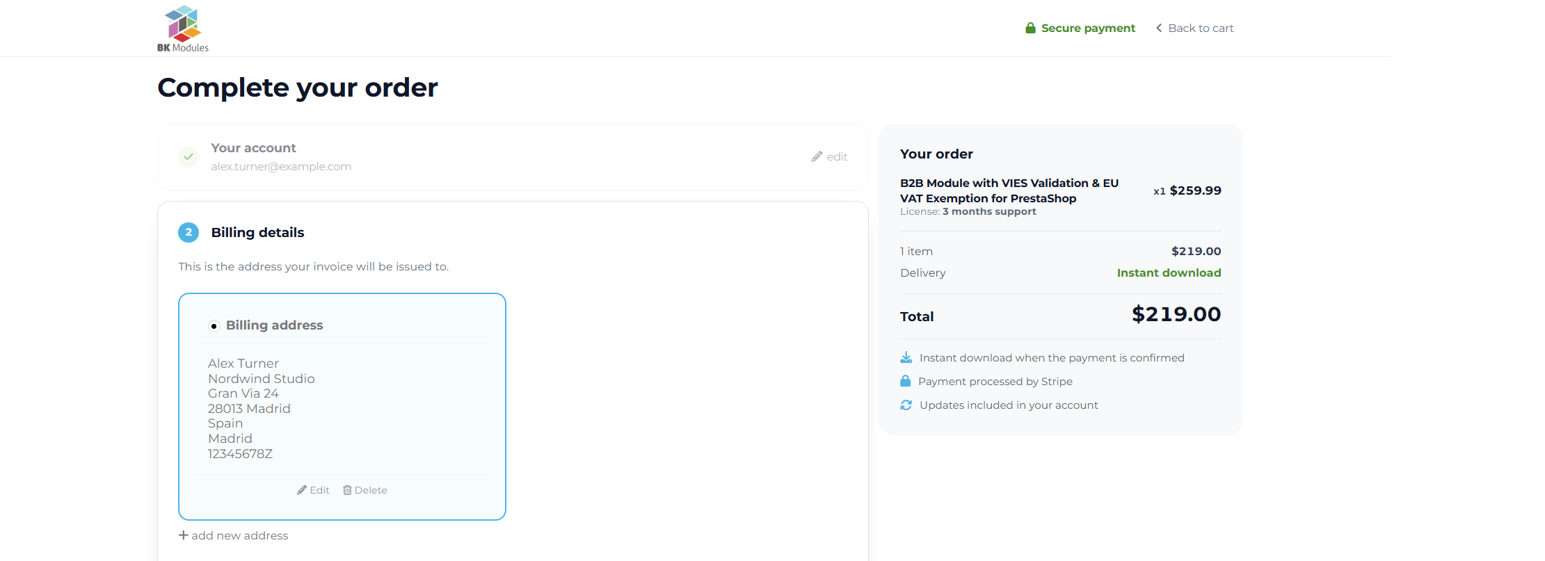 PrestaShop checkout of a downloadable product with combinations: account, billing details and payment, with no shipping step