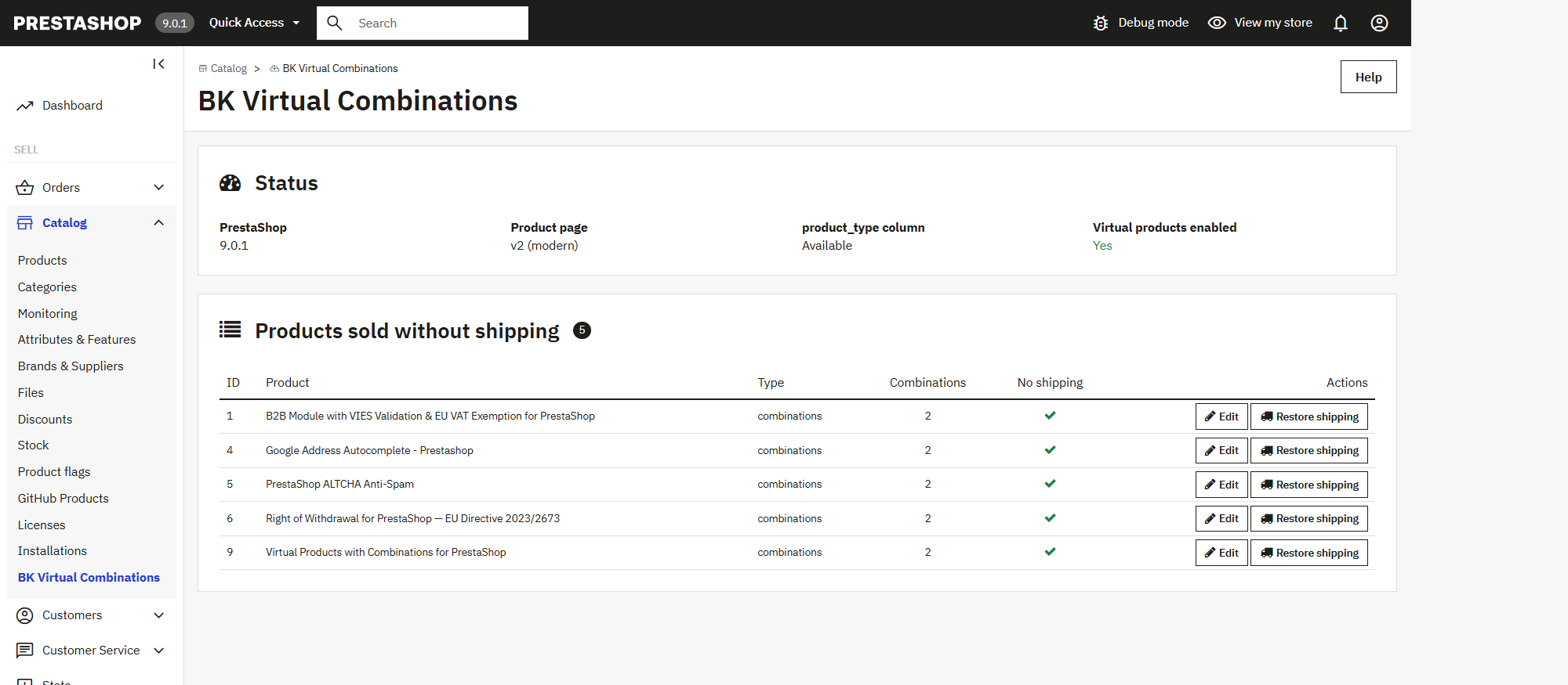 BK Virtual Combinations panel in the PrestaShop back office listing the products sold without shipping