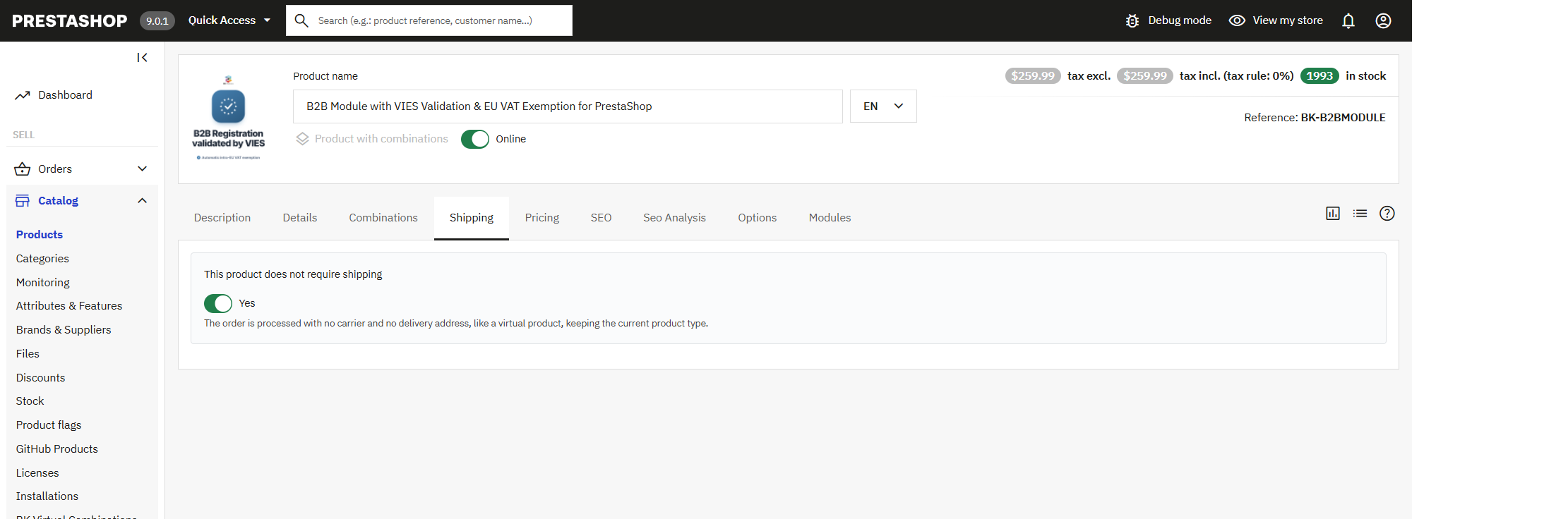 Switch “this product does not require shipping” in the Shipping tab of a PrestaShop product with combinations