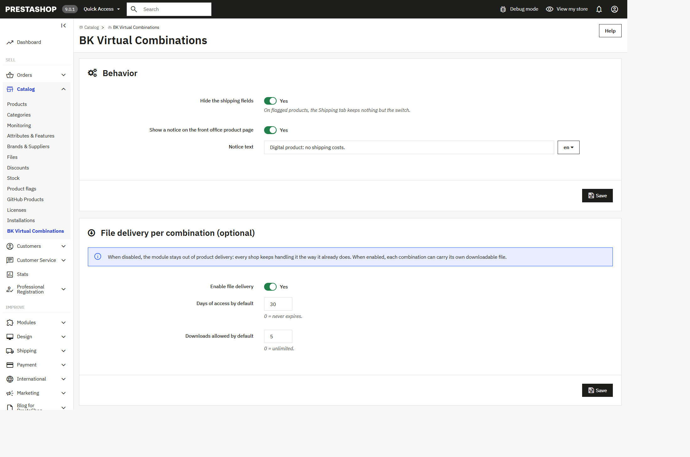 BK Virtual Combinations module settings: hide the shipping fields, front office notice and download limits