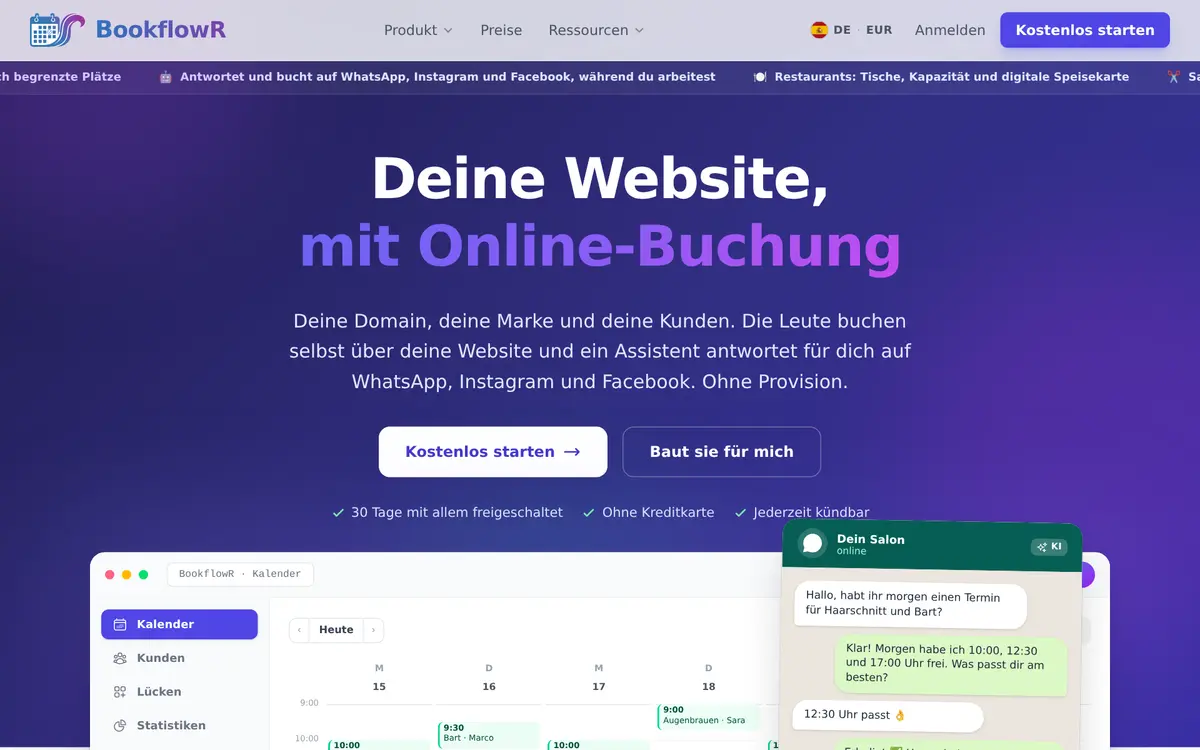 Startseite von BookflowR: deine Website, mit Online-Buchung
