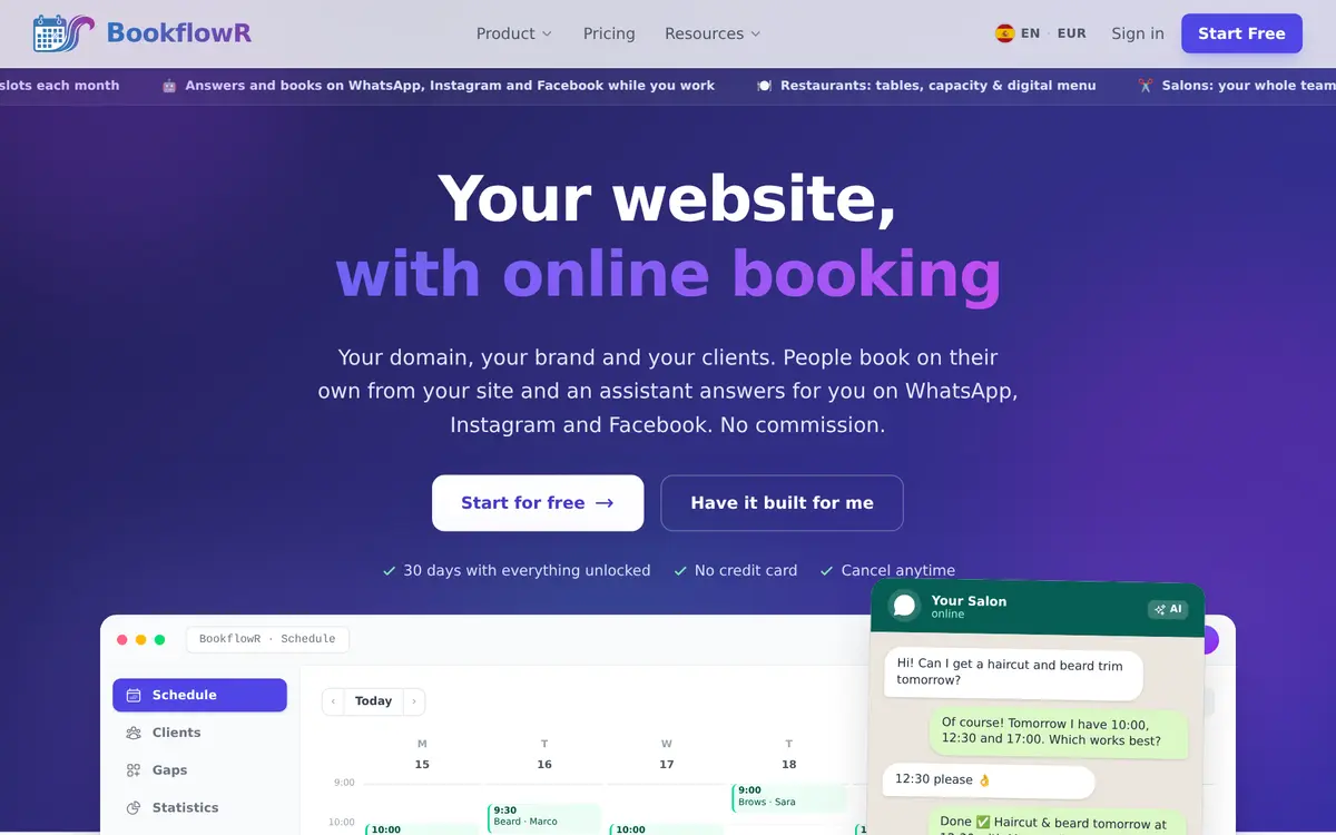 BookflowR home page: your website, with online bookings