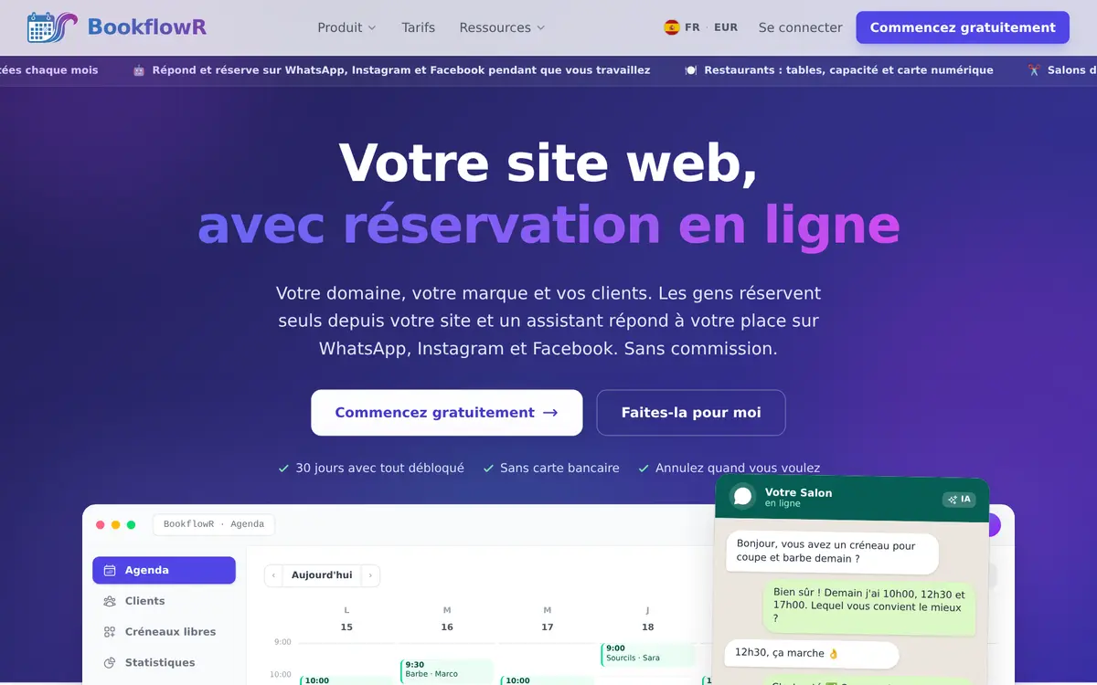 Page d’accueil de BookflowR : votre site, avec réservation en ligne