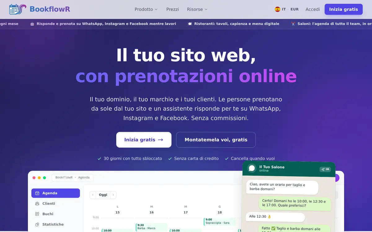 Home page di BookflowR: il tuo sito, con prenotazioni online