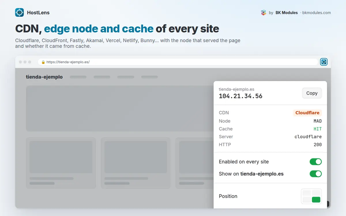 HostLens panel with the server IP, the CDN and the cache status of a website