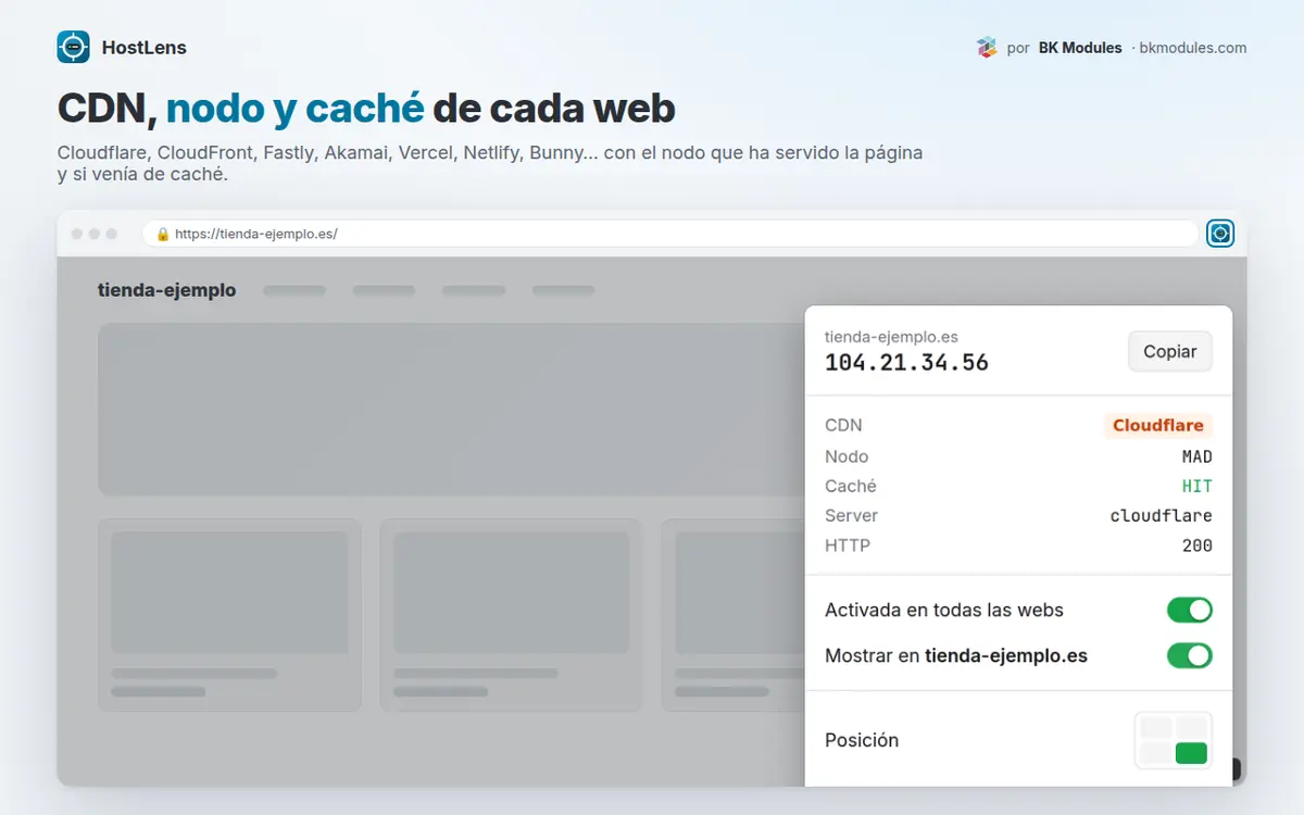 Panel de HostLens con la IP del servidor, el CDN y la caché de una web